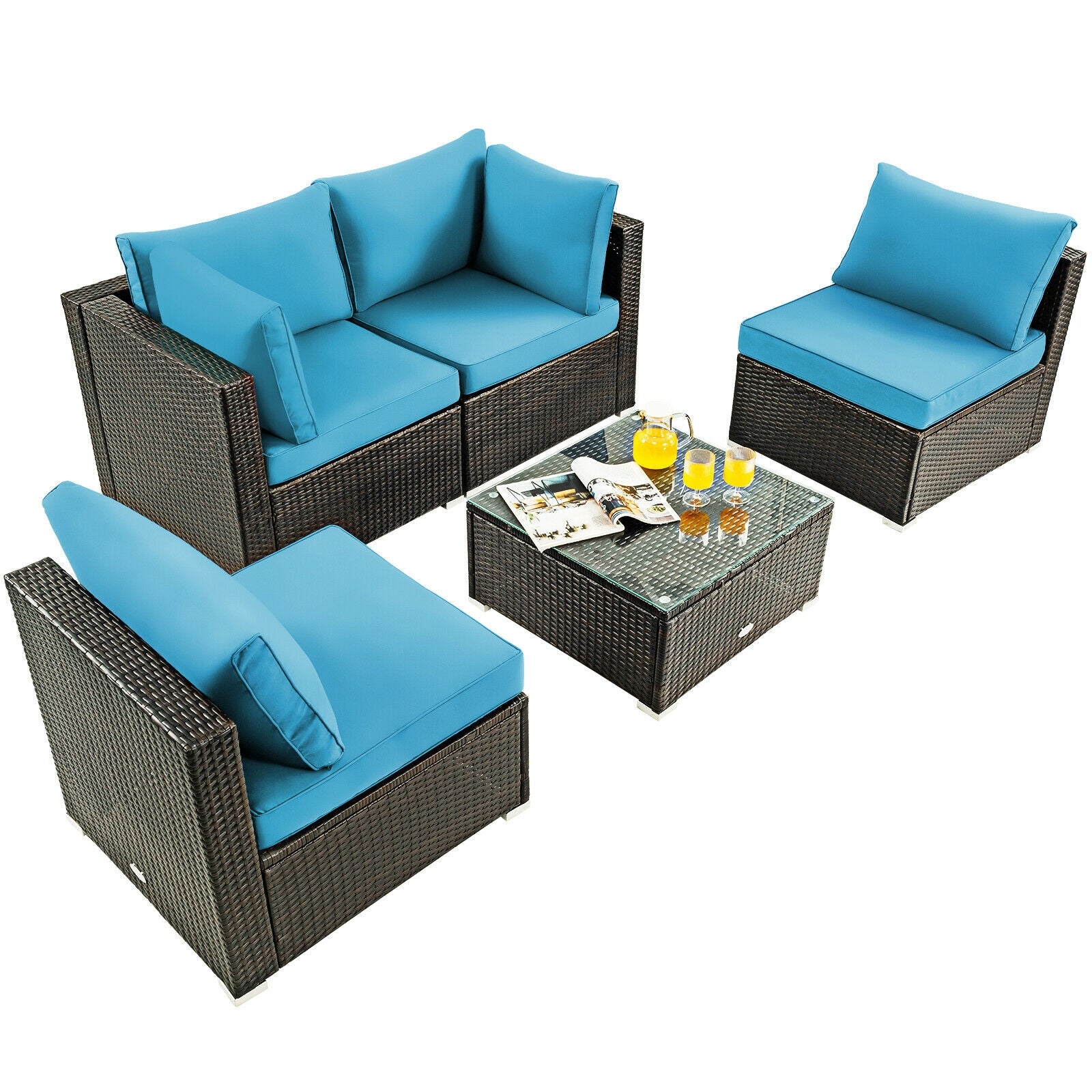 5 Pieces Cushioned Patio Rattan Furniture Set with Glass Table