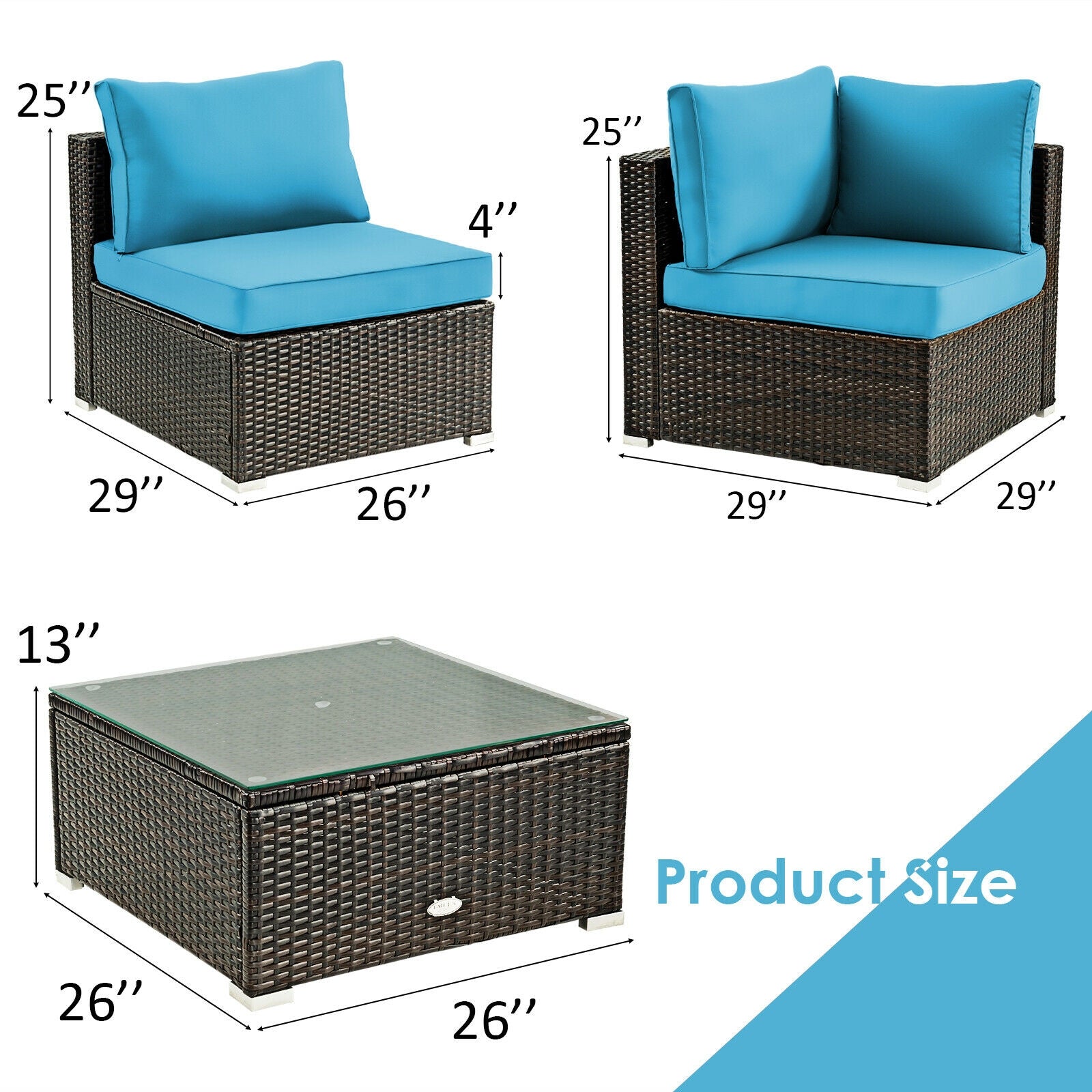 5 Pieces Cushioned Patio Rattan Furniture Set with Glass Table
