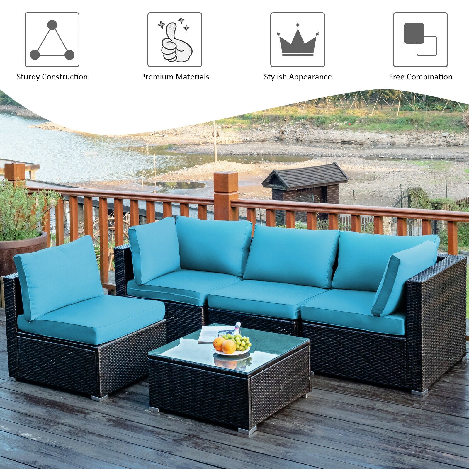 5 Pieces Cushioned Patio Rattan Furniture Set with Glass Table