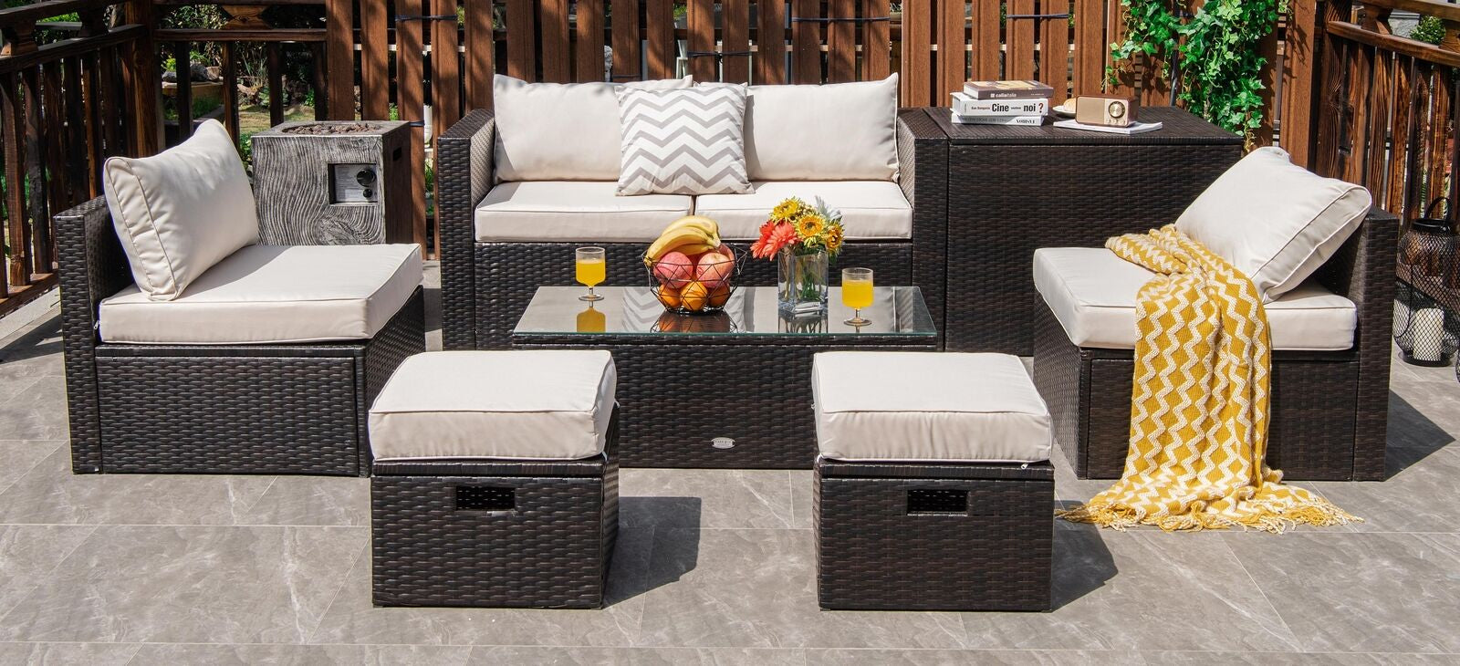 8 Pieces Patio Space-Saving Rattan Furniture Set with Storage Box and Waterproof Cover