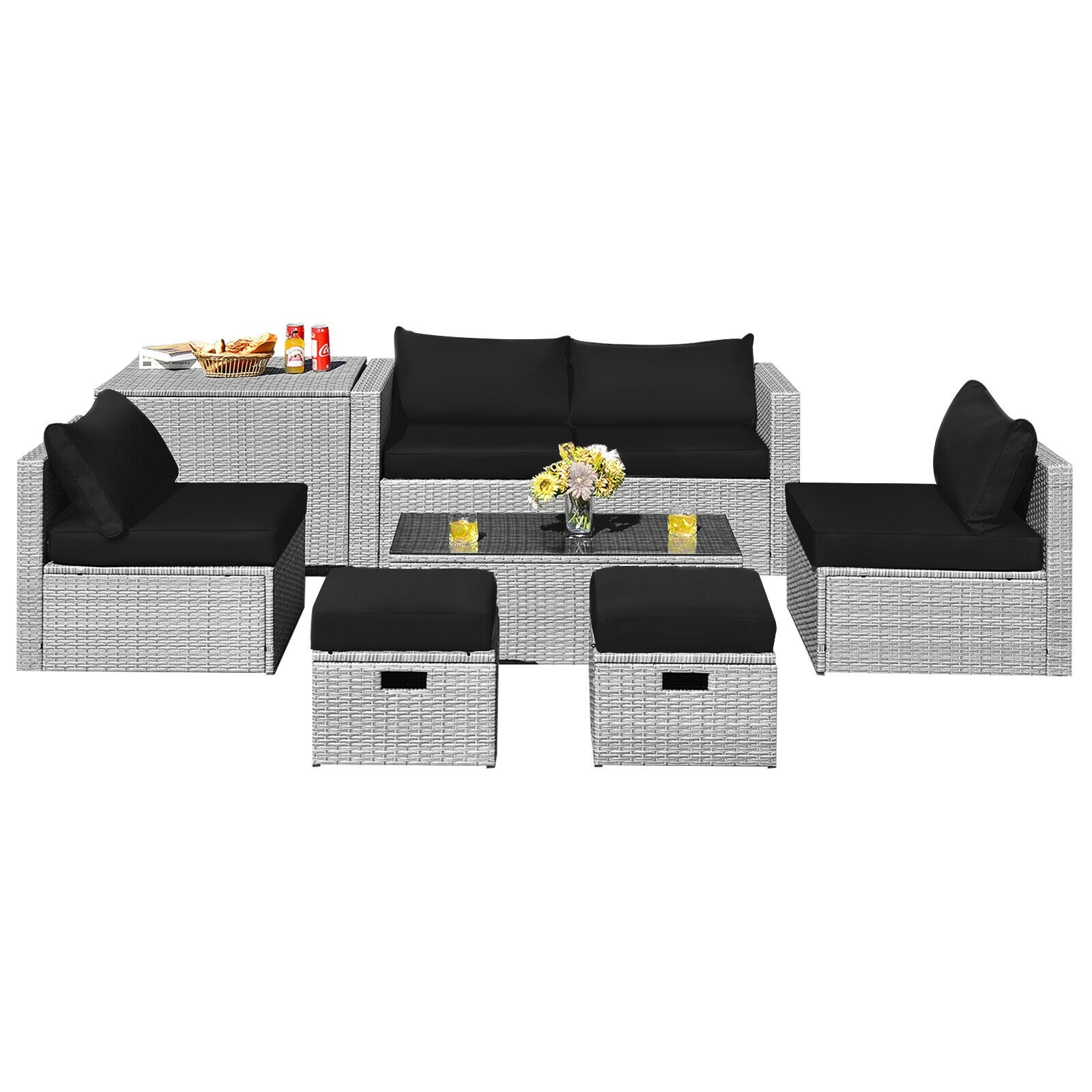 8 Pieces Patio Rattan Furniture Set with Storage Waterproof Cover and Cushion