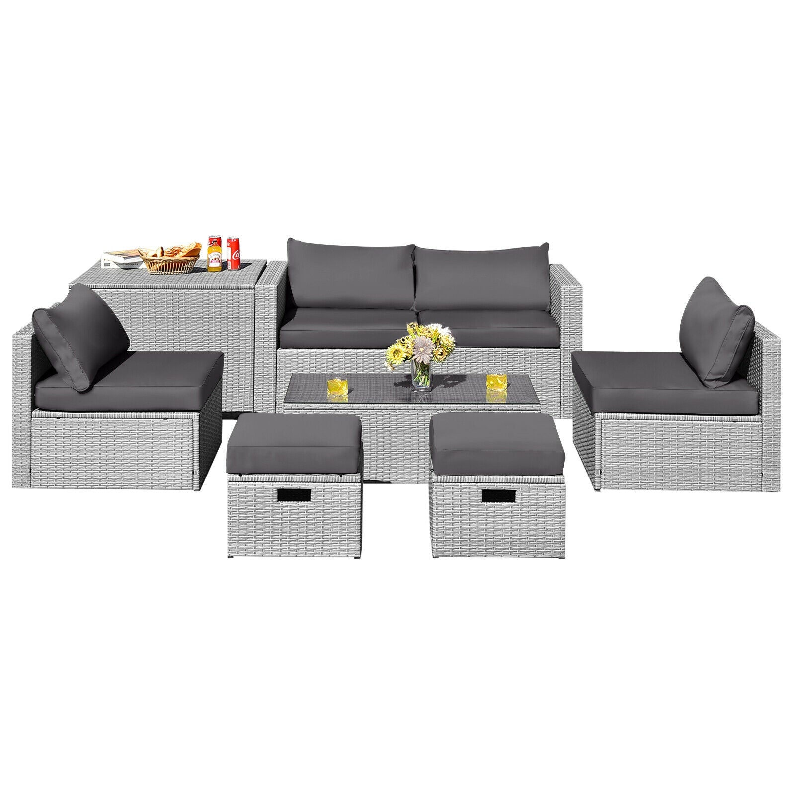 8 Pieces Patio Rattan Furniture Set with Storage Waterproof Cover and Cushion