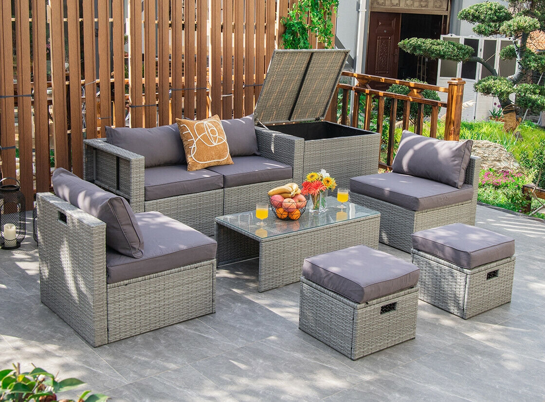 8 Pieces Patio Rattan Furniture Set with Storage Waterproof Cover and Cushion
