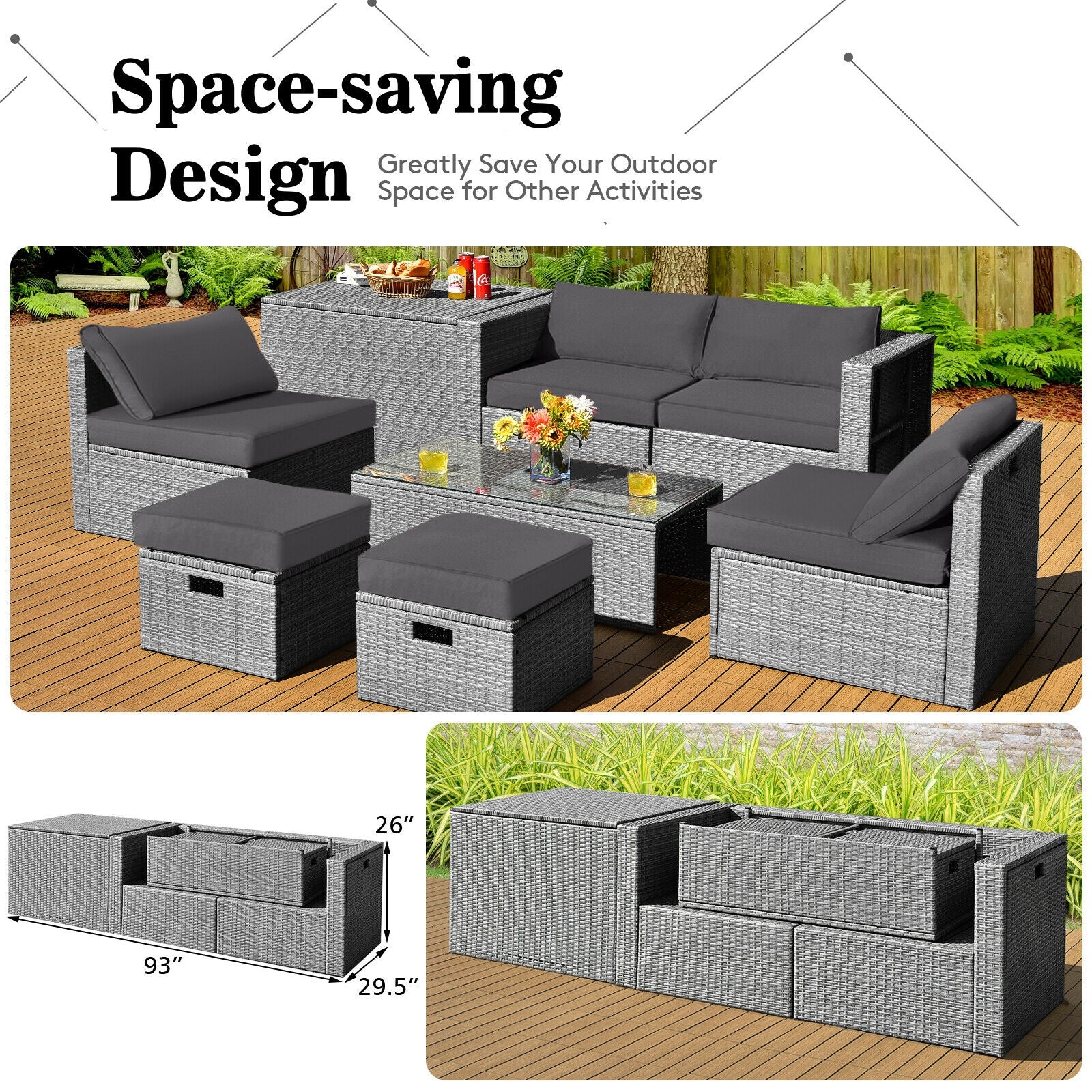 8 Pieces Patio Rattan Furniture Set with Storage Waterproof Cover and Cushion