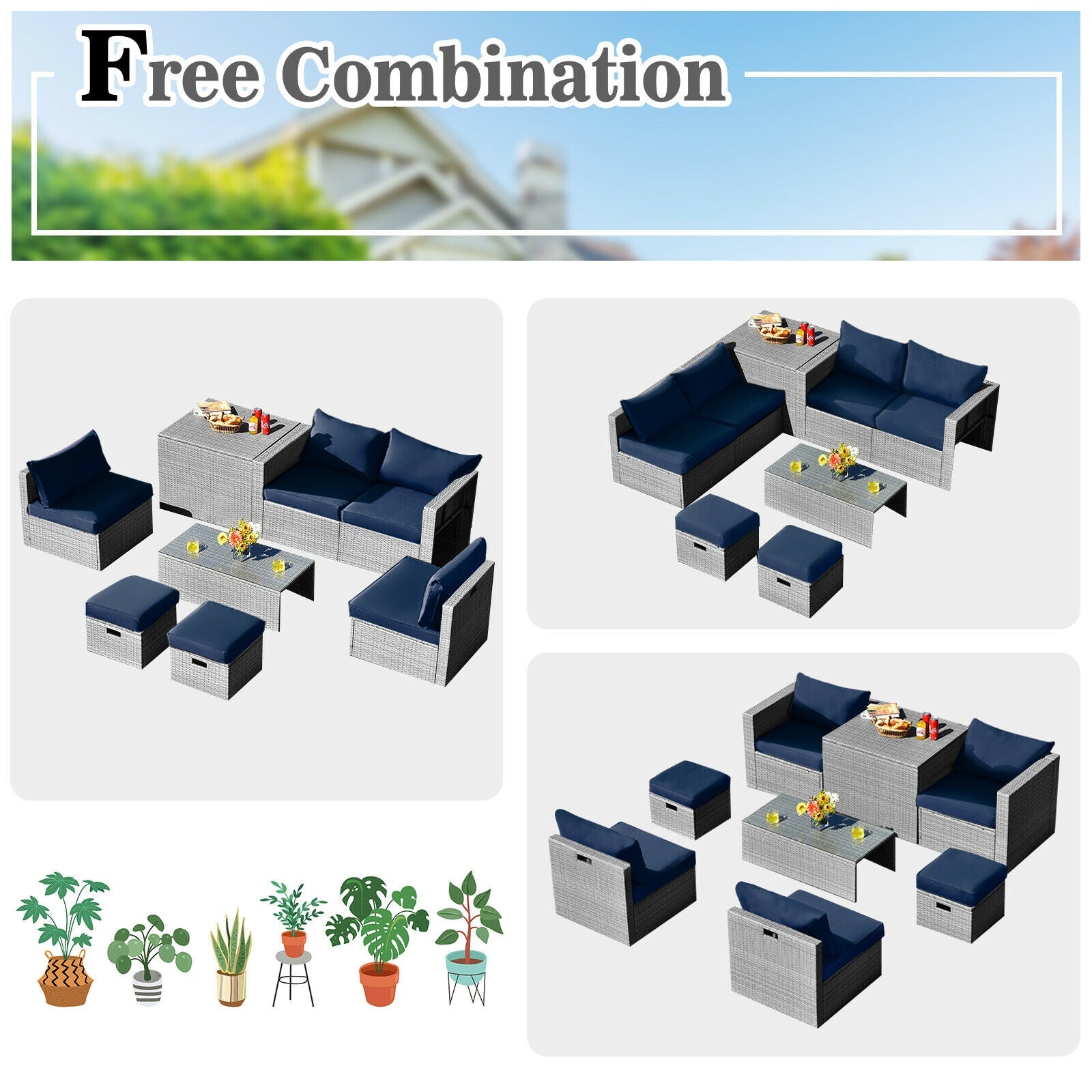 8 Pieces Patio Rattan Furniture Set with Storage Waterproof Cover and Cushion