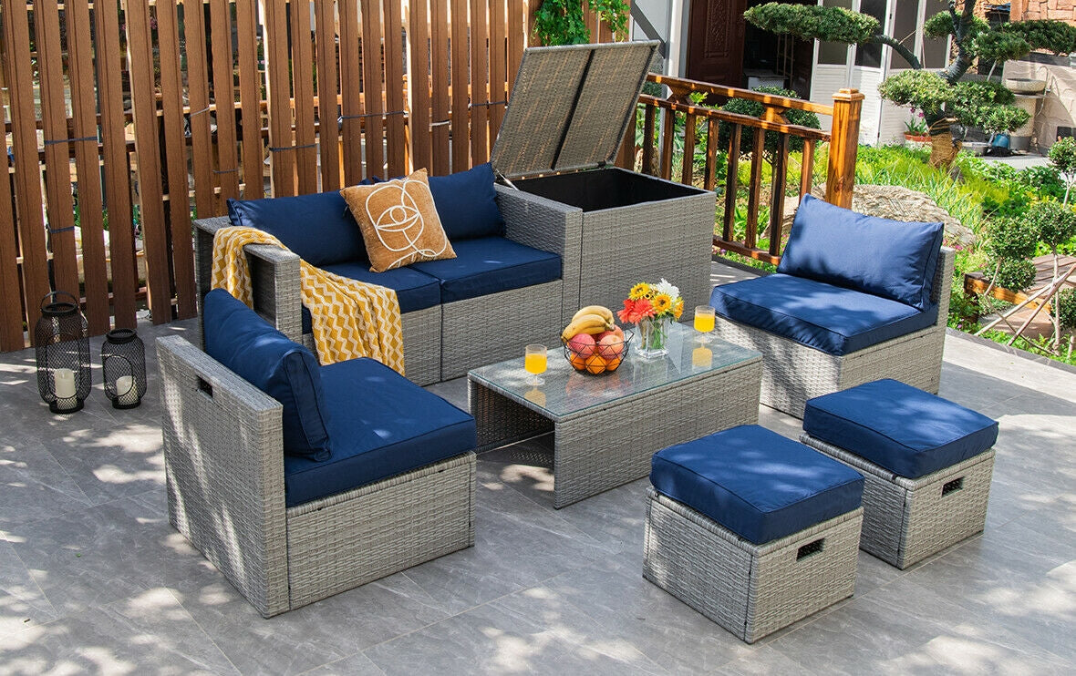 8 Pieces Patio Rattan Furniture Set with Storage Waterproof Cover and Cushion