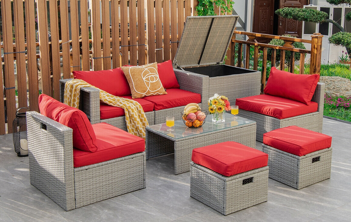 8 Pieces Patio Rattan Furniture Set with Storage Waterproof Cover and Cushion