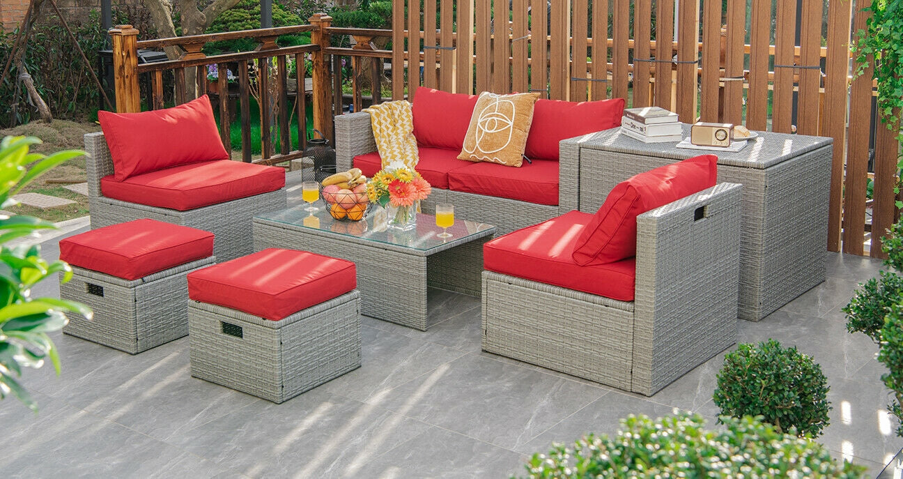8 Pieces Patio Rattan Furniture Set with Storage Waterproof Cover and Cushion