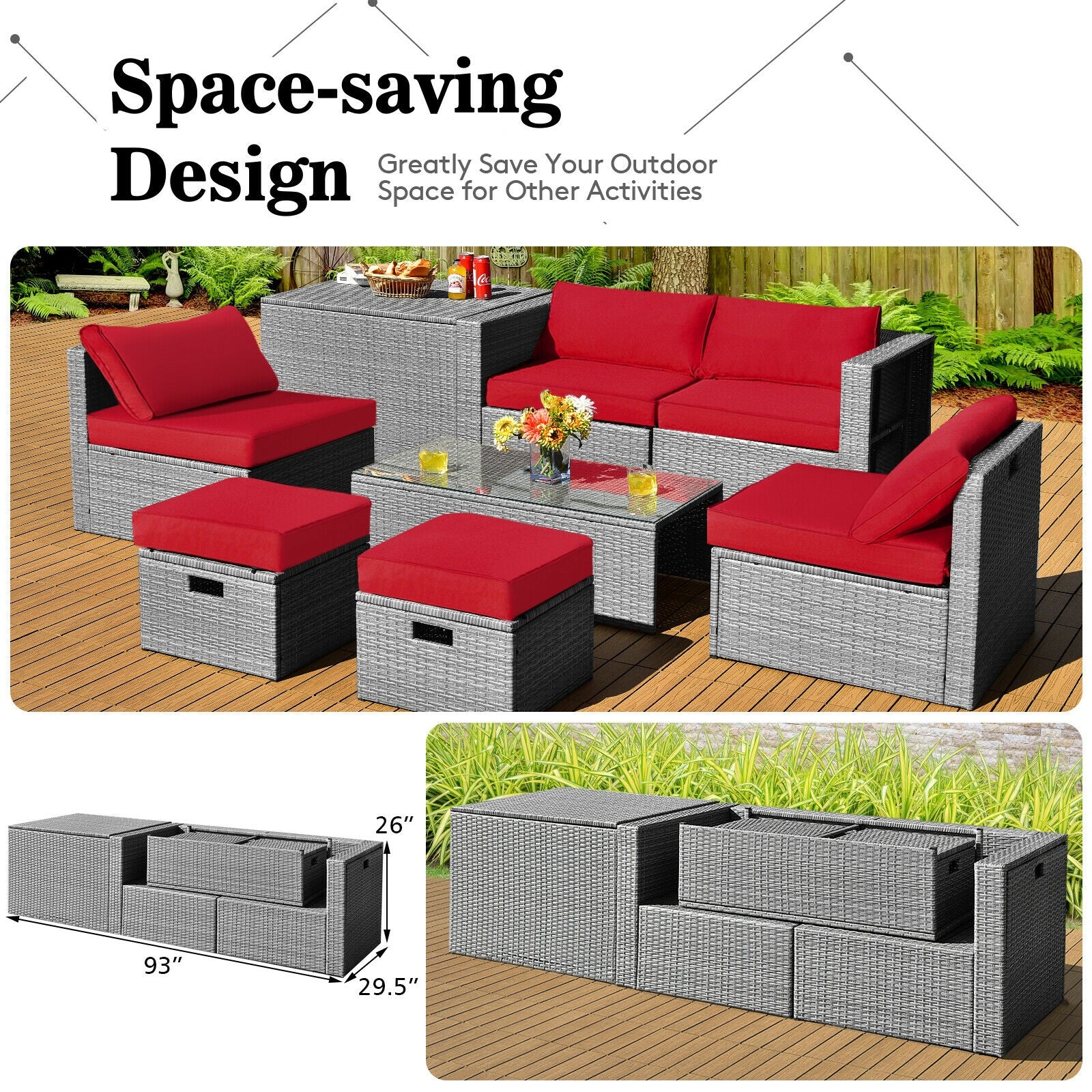 8 Pieces Patio Rattan Furniture Set with Storage Waterproof Cover and Cushion