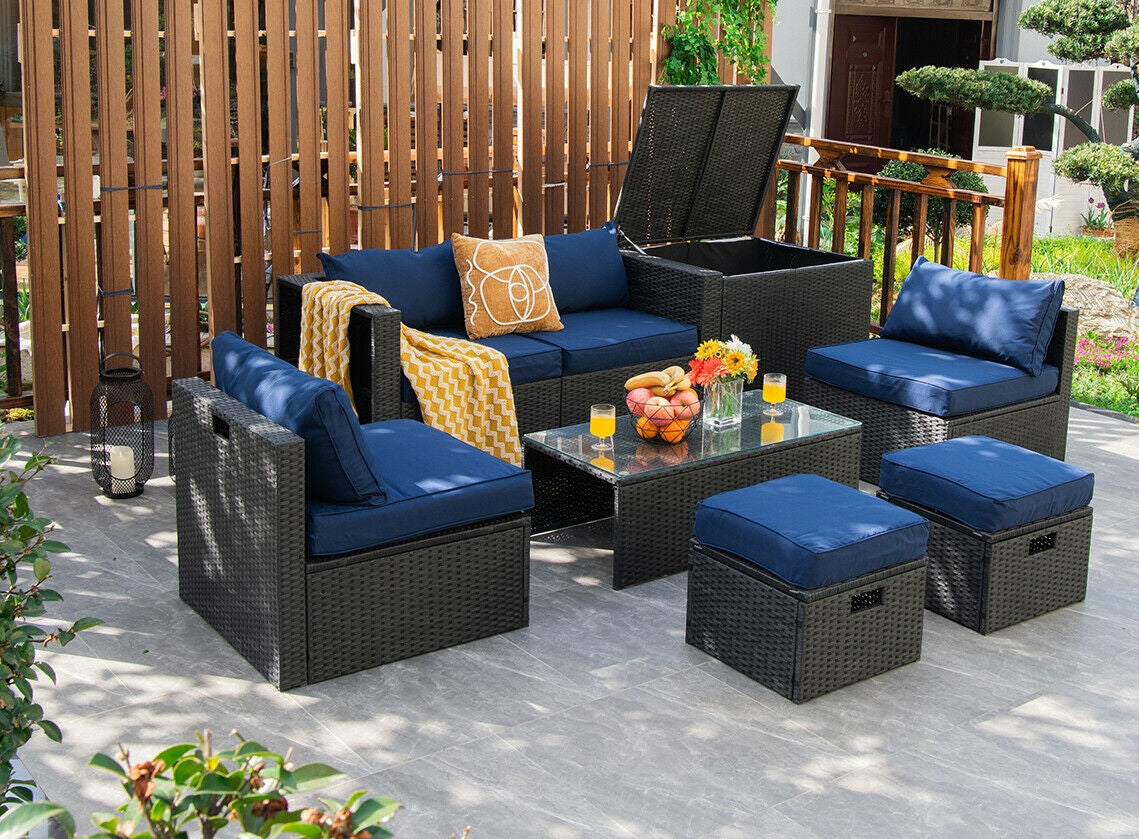 8 Pieces Patio Rattan Storage Table Furniture Set