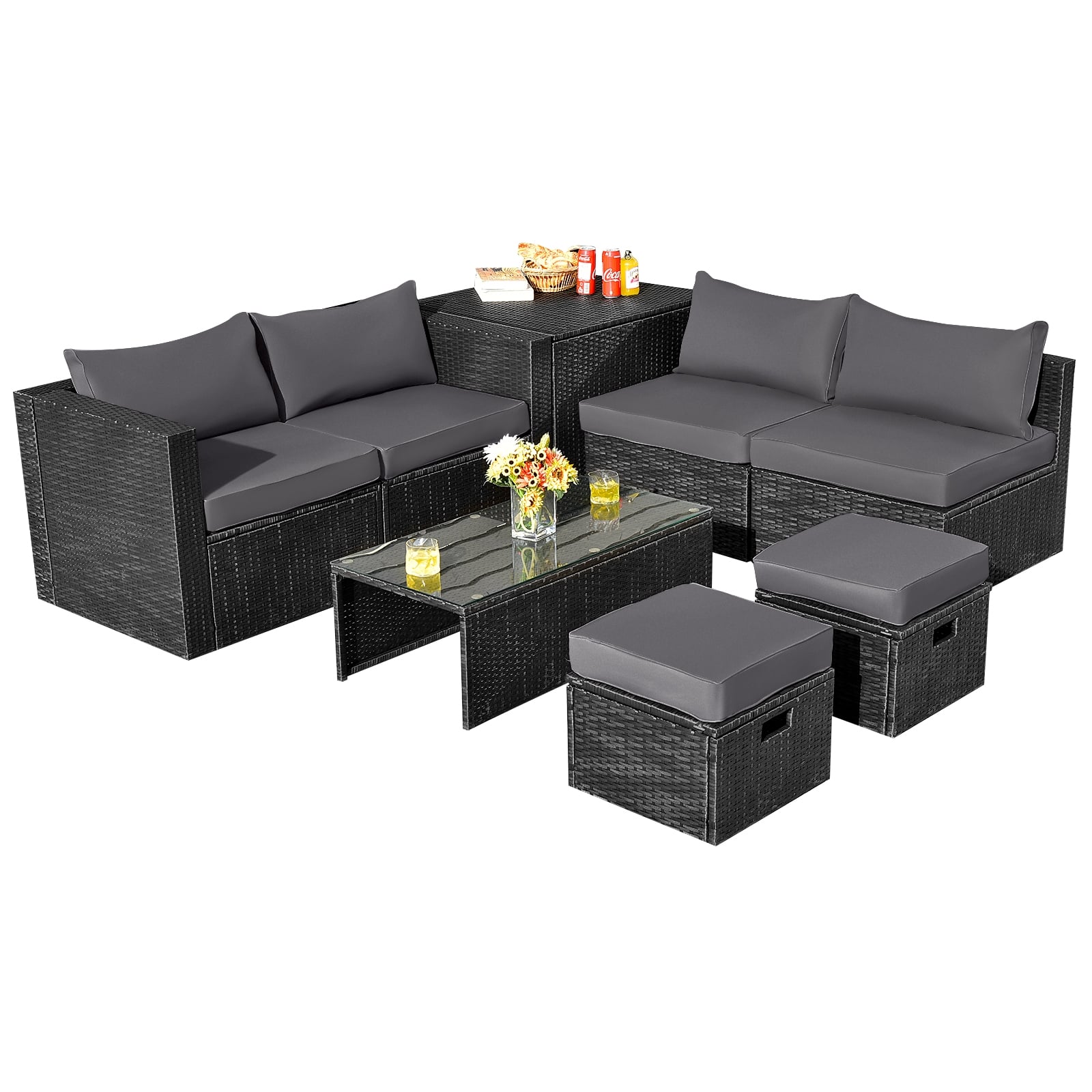 8 Pieces Patio Rattan Storage Table Furniture Set