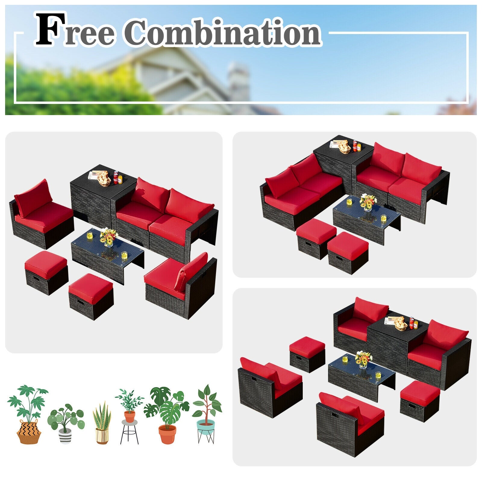 8 Pieces Patio Rattan Storage Table Furniture Set