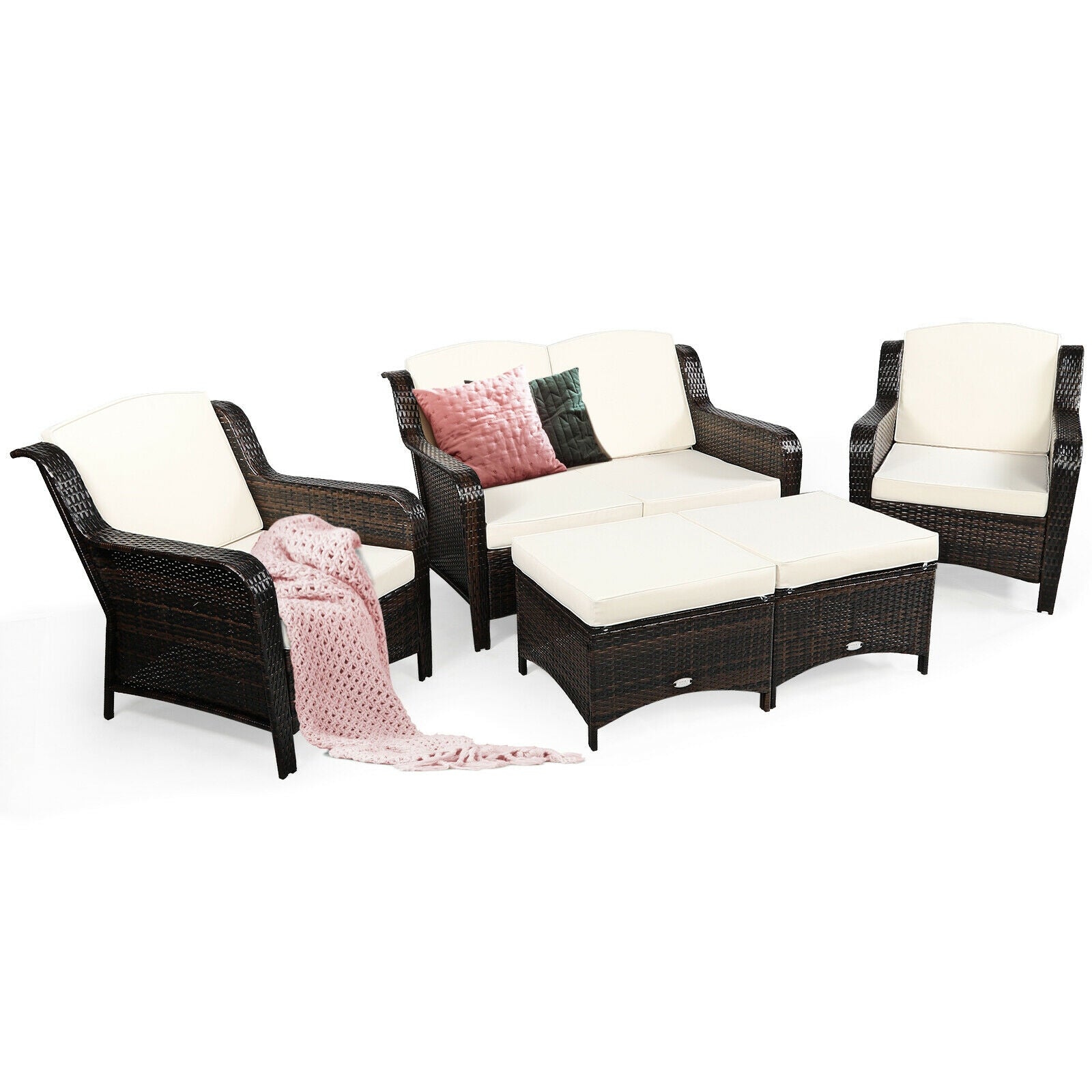 5 Pieces Patio Rattan Sofa Set with Cushion and Ottoman