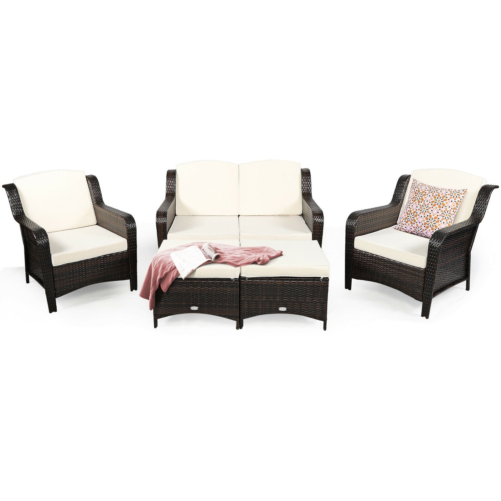5 Pieces Patio Rattan Sofa Set with Cushion and Ottoman