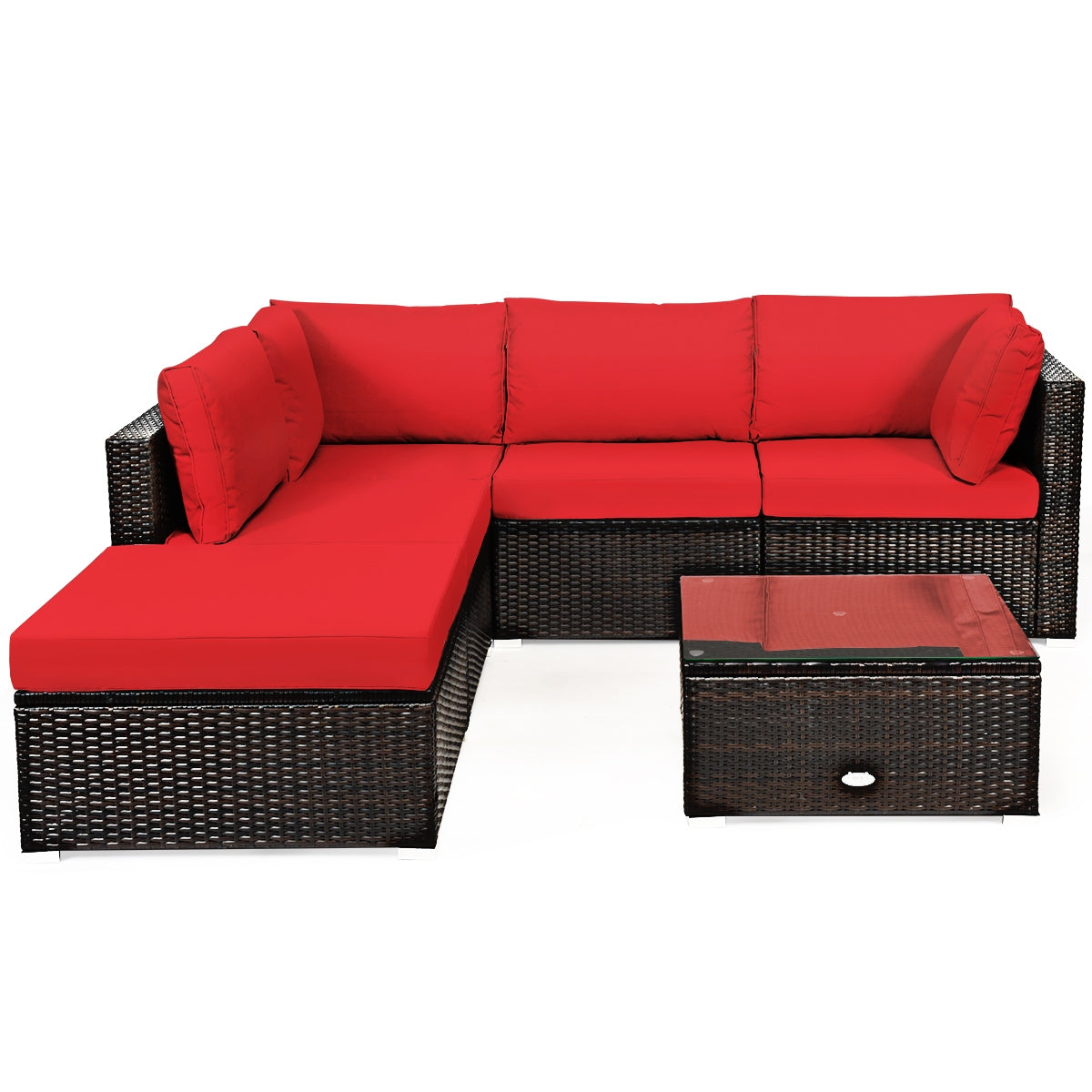 6 Pieces Outdoor Patio Rattan Furniture Set Sofa Ottoman