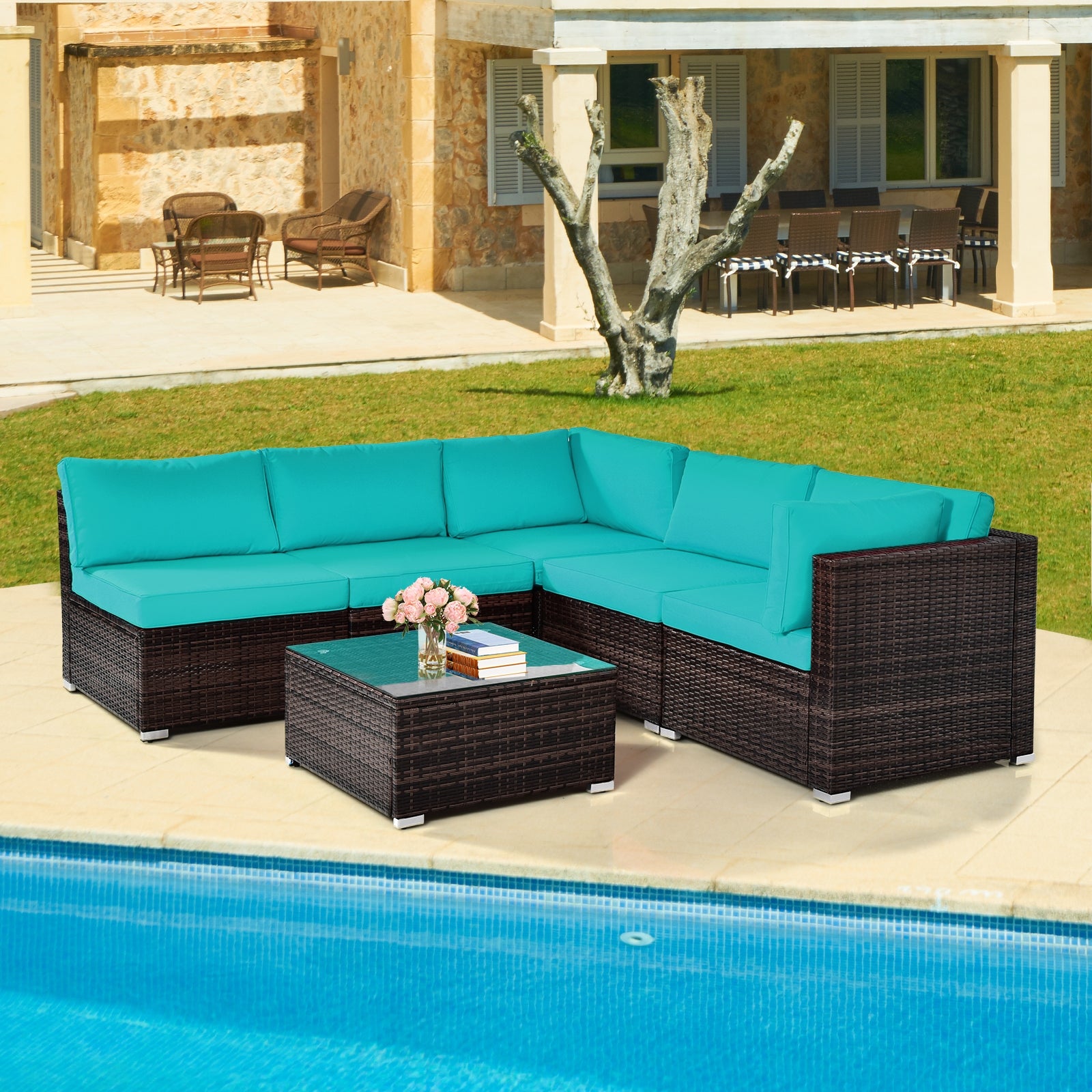 6 Pieces Patio Rattan Furniture Set with Cushions and Glass Coffee Table