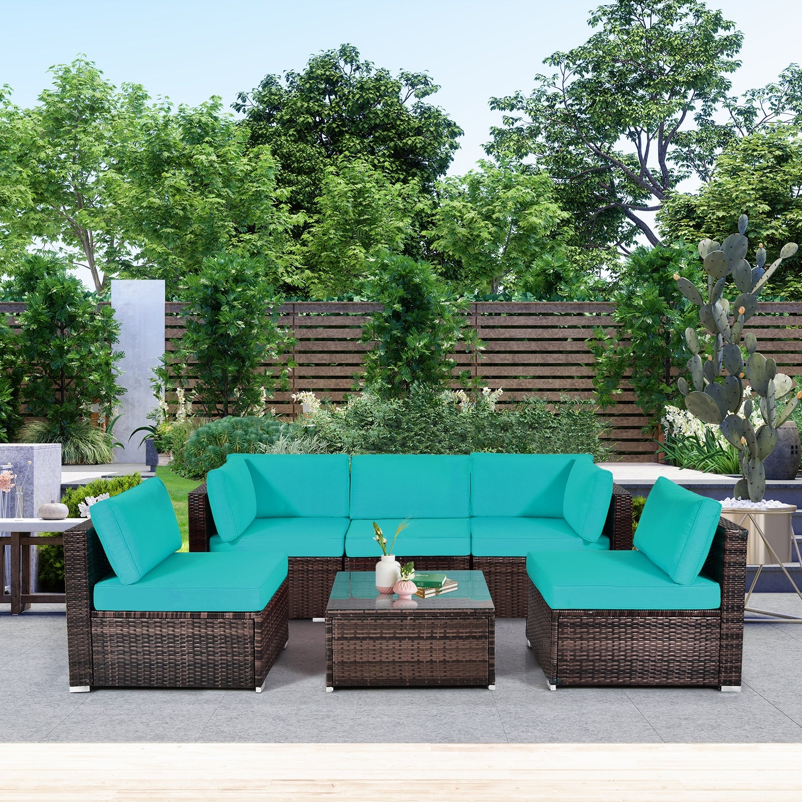 6 Pieces Patio Rattan Furniture Set with Cushions and Glass Coffee Table