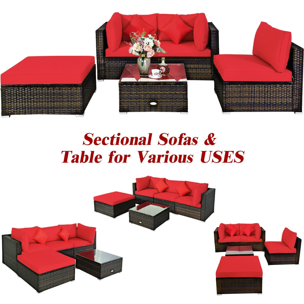 5 Pcs Outdoor Patio Rattan Furniture Set Sectional Conversation with Cushions