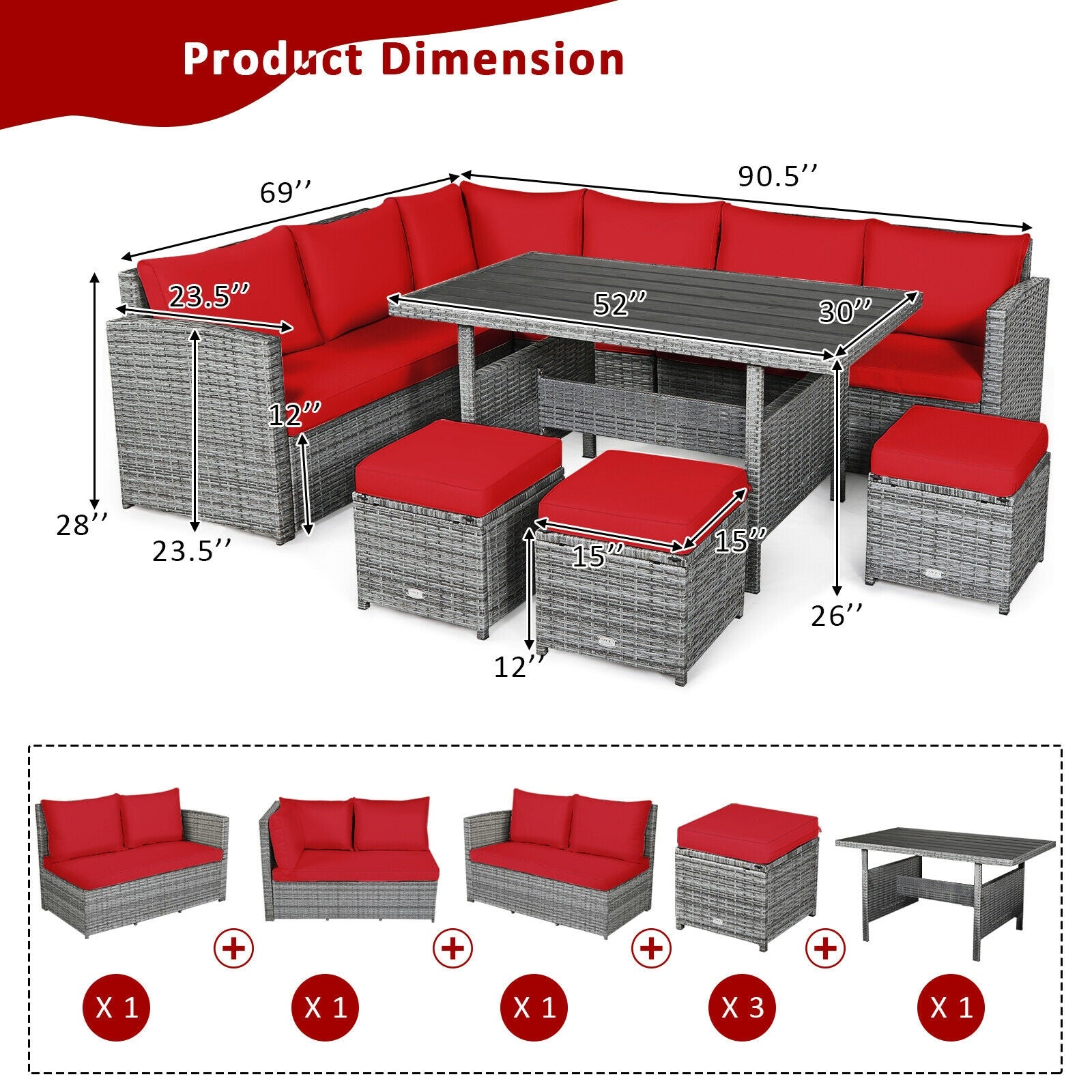 7 Pieces Patio Rattan Dining Furniture Sectional Sofa Set with Wicker Ottoman