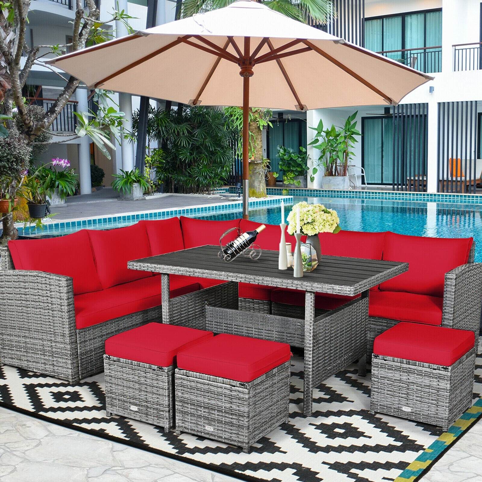 7 Pieces Patio Rattan Dining Furniture Sectional Sofa Set with Wicker Ottoman