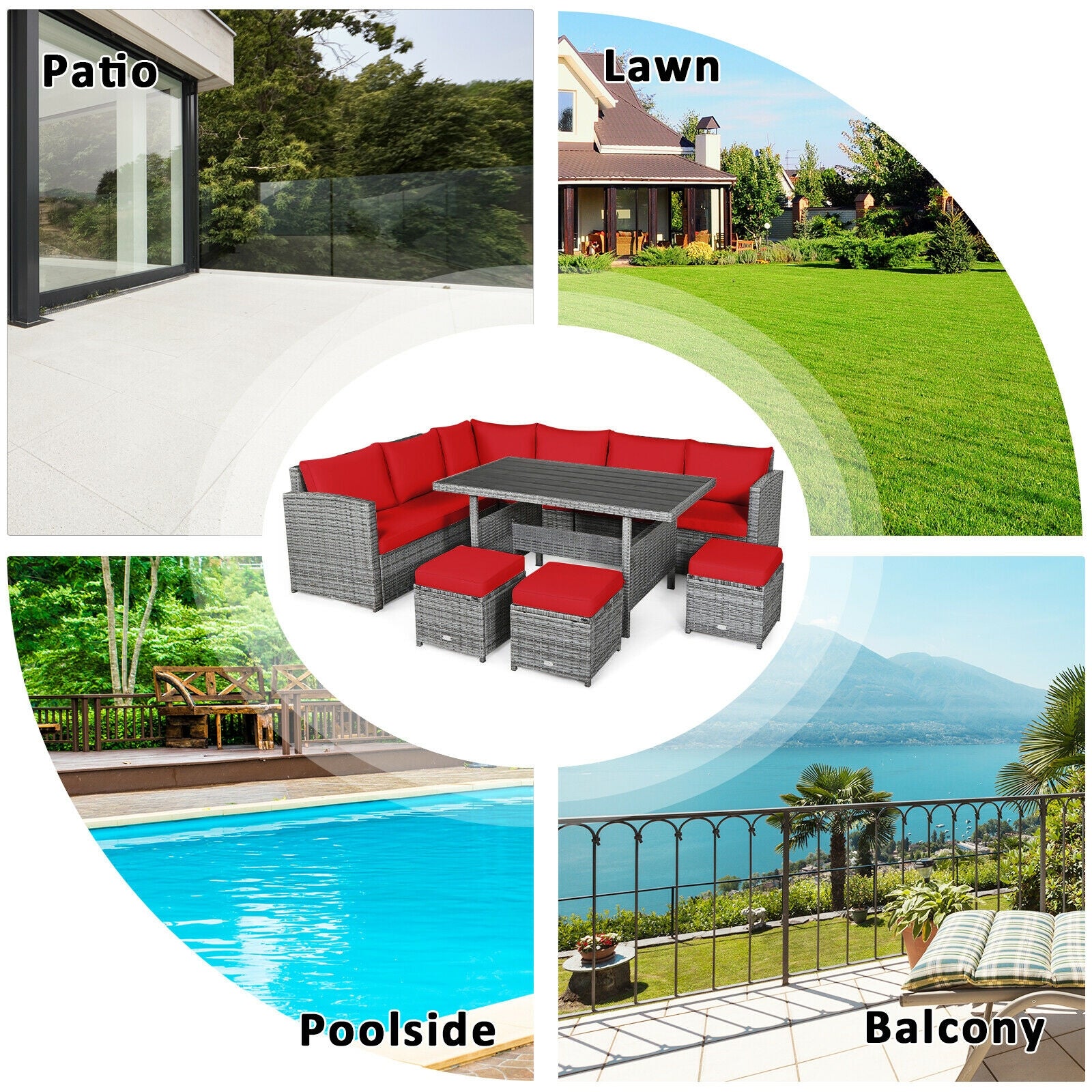 7 Pieces Patio Rattan Dining Furniture Sectional Sofa Set with Wicker Ottoman