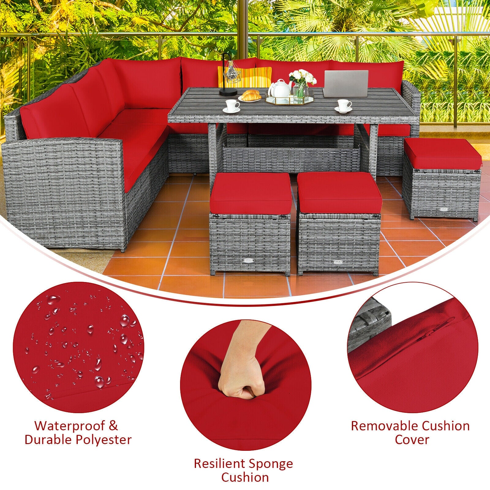 7 Pieces Patio Rattan Dining Furniture Sectional Sofa Set with Wicker Ottoman