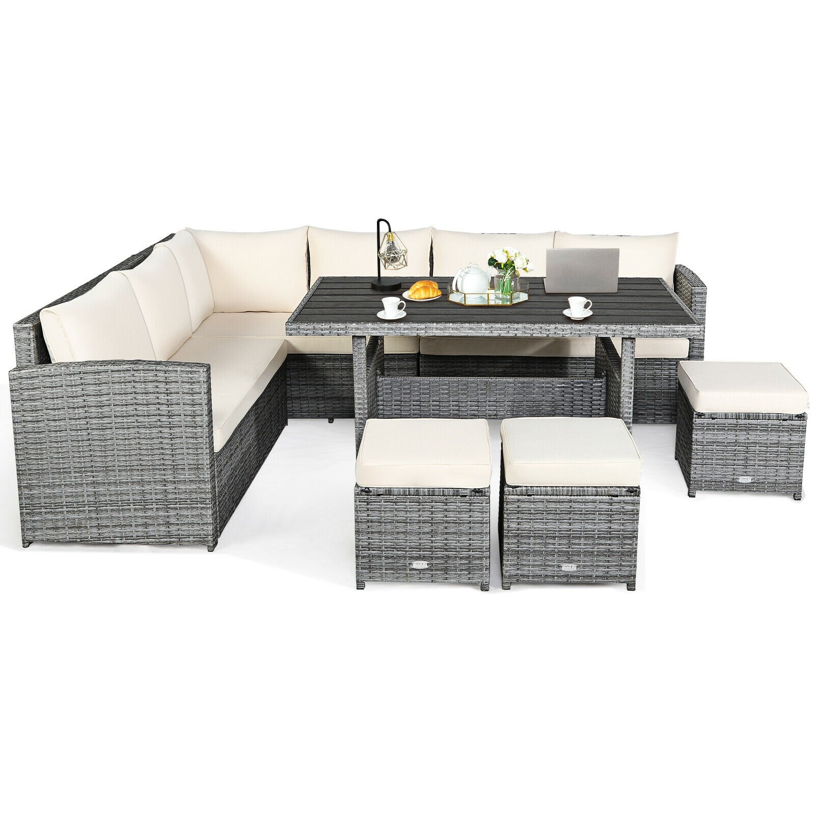 7 Pieces Patio Rattan Dining Furniture Sectional Sofa Set with Wicker Ottoman