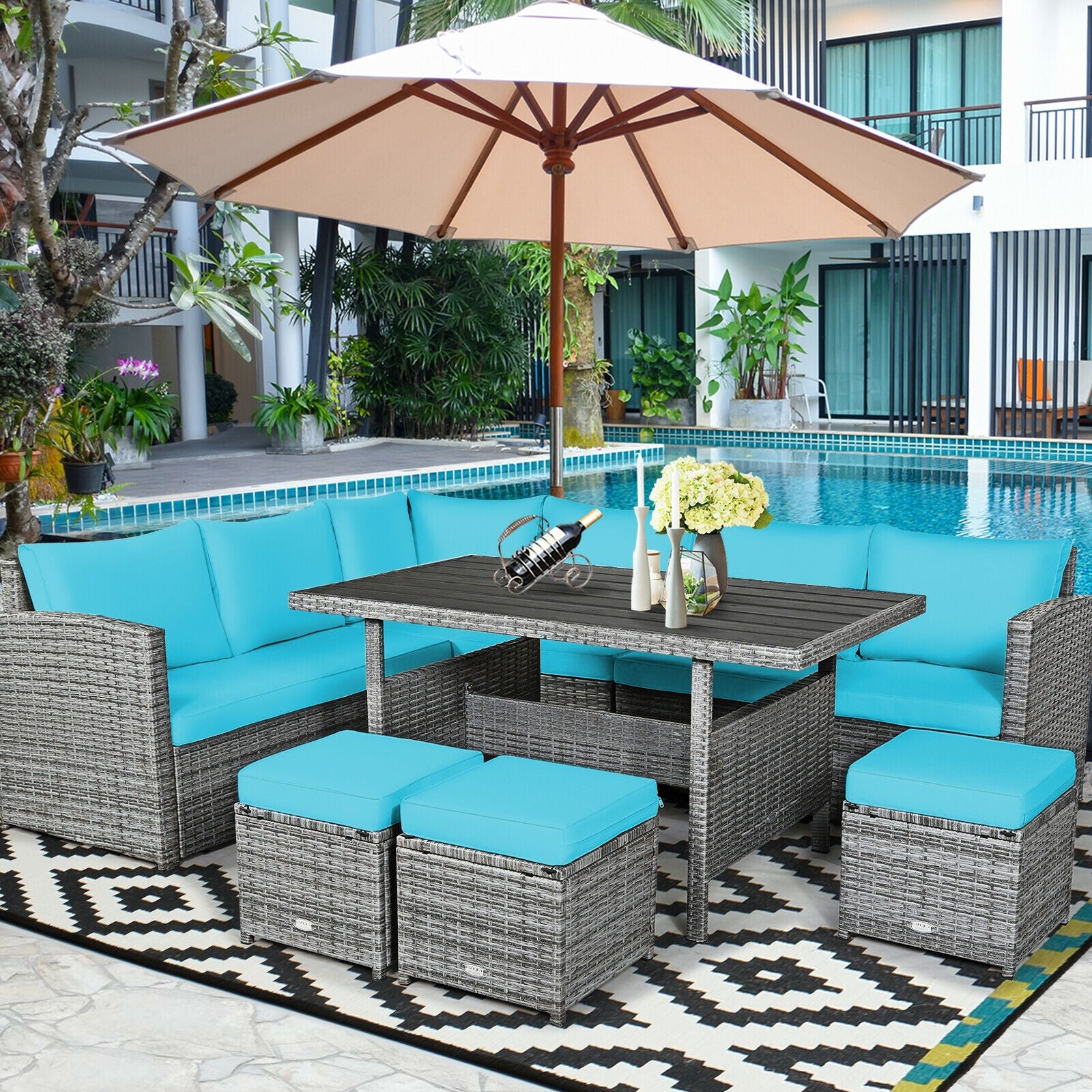 7 Pieces Patio Rattan Dining Furniture Sectional Sofa Set with Wicker Ottoman
