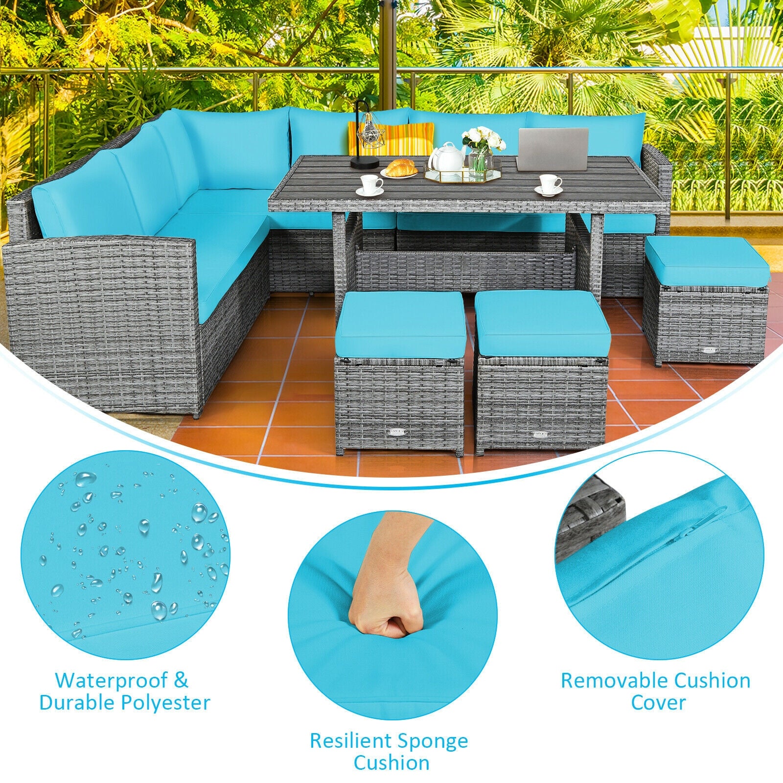 7 Pieces Patio Rattan Dining Furniture Sectional Sofa Set with Wicker Ottoman