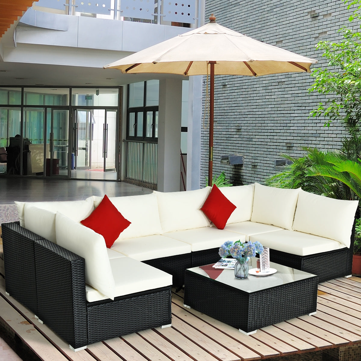 7-Piece Outdoor Sectional Wicker Patio Sofa Set with Tempered Glass Top