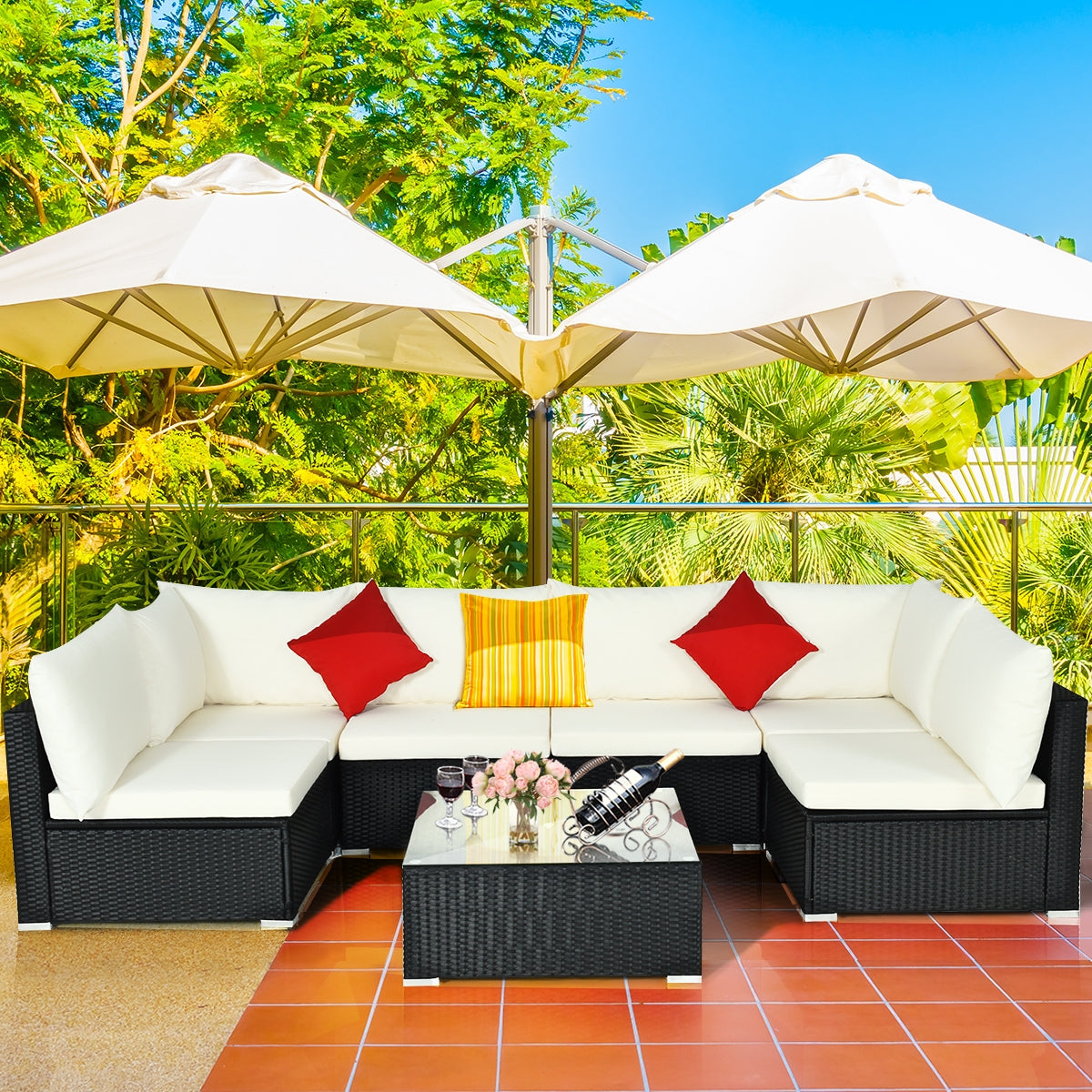 7-Piece Outdoor Sectional Wicker Patio Sofa Set with Tempered Glass Top