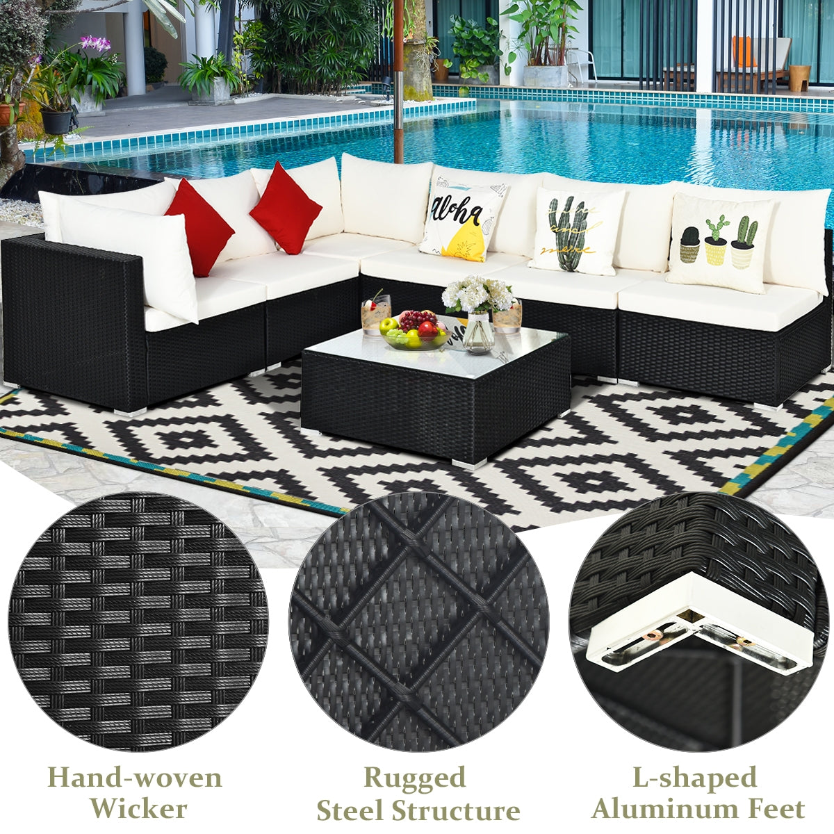 7-Piece Outdoor Sectional Wicker Patio Sofa Set with Tempered Glass Top
