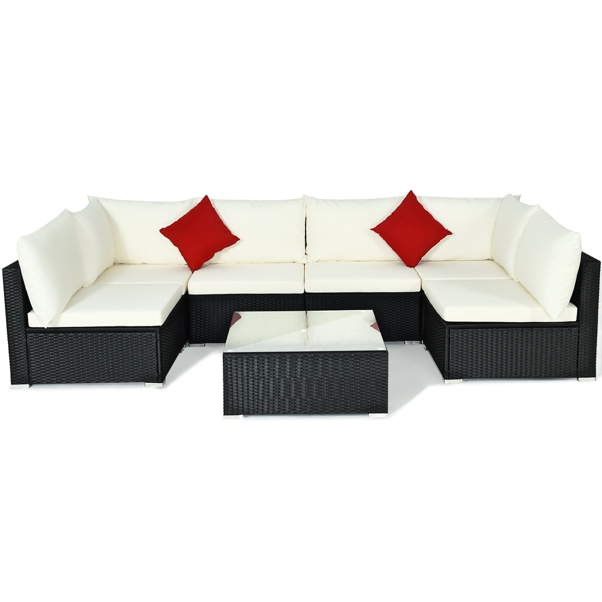 7-Piece Outdoor Sectional Wicker Patio Sofa Set with Tempered Glass Top