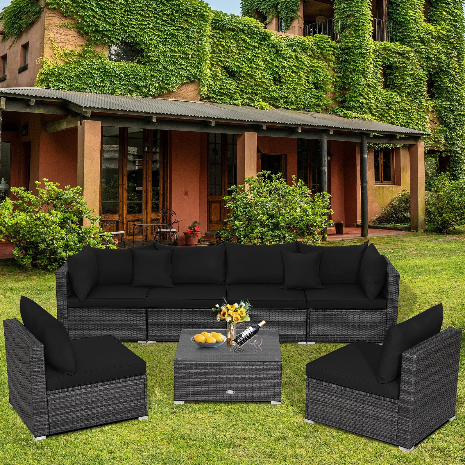 7 Pieces Patio Rattan Furniture Set Sectional Sofa Garden Cushion