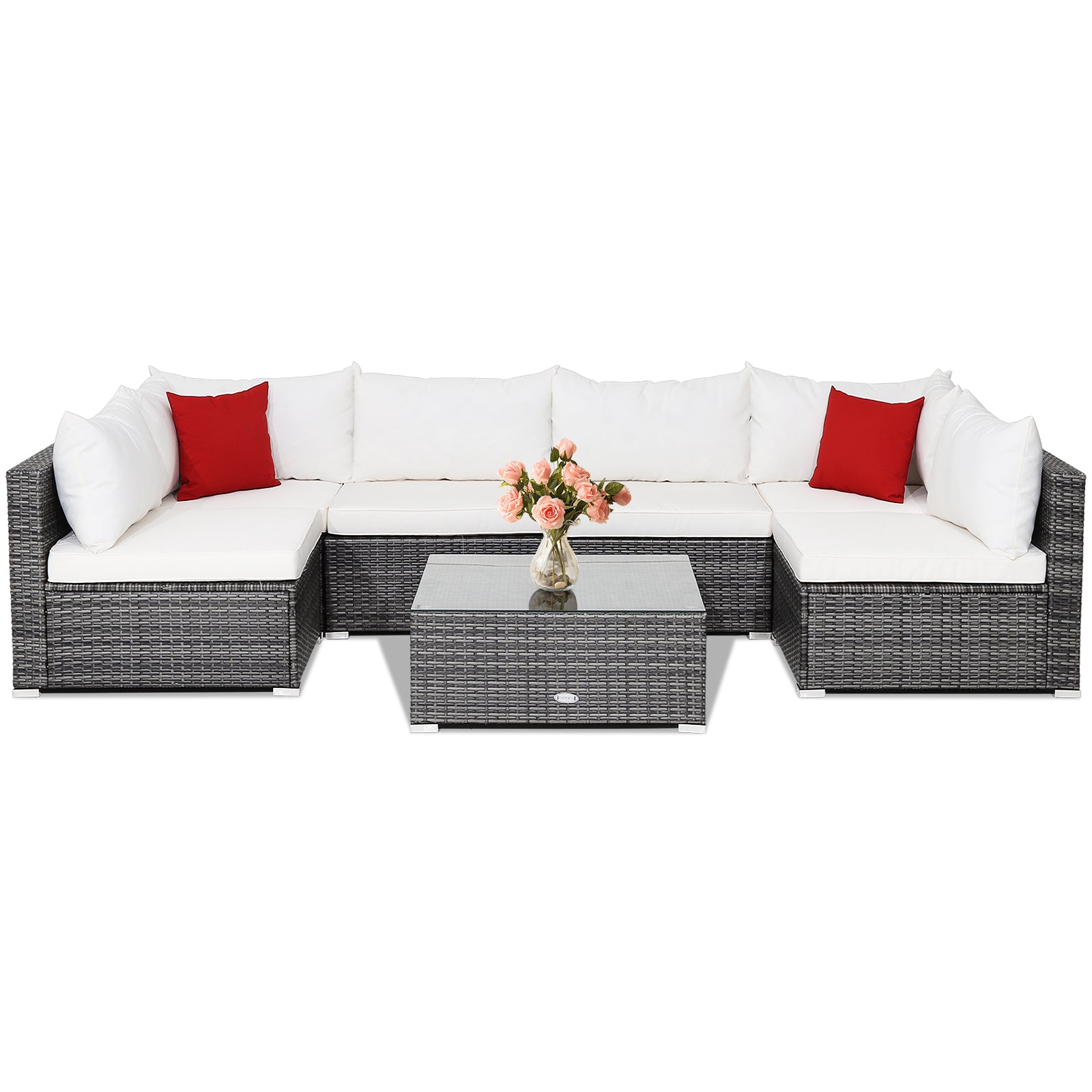 7 Pieces Patio Rattan Furniture Set Sectional Sofa Garden Cushion