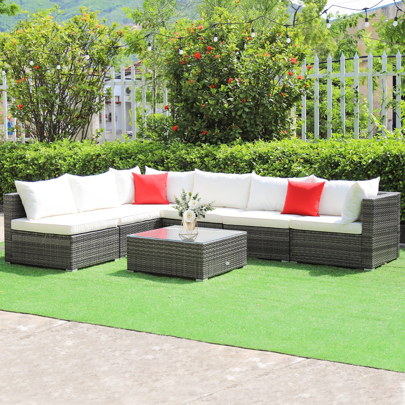 7 Pieces Patio Rattan Furniture Set Sectional Sofa Garden Cushion