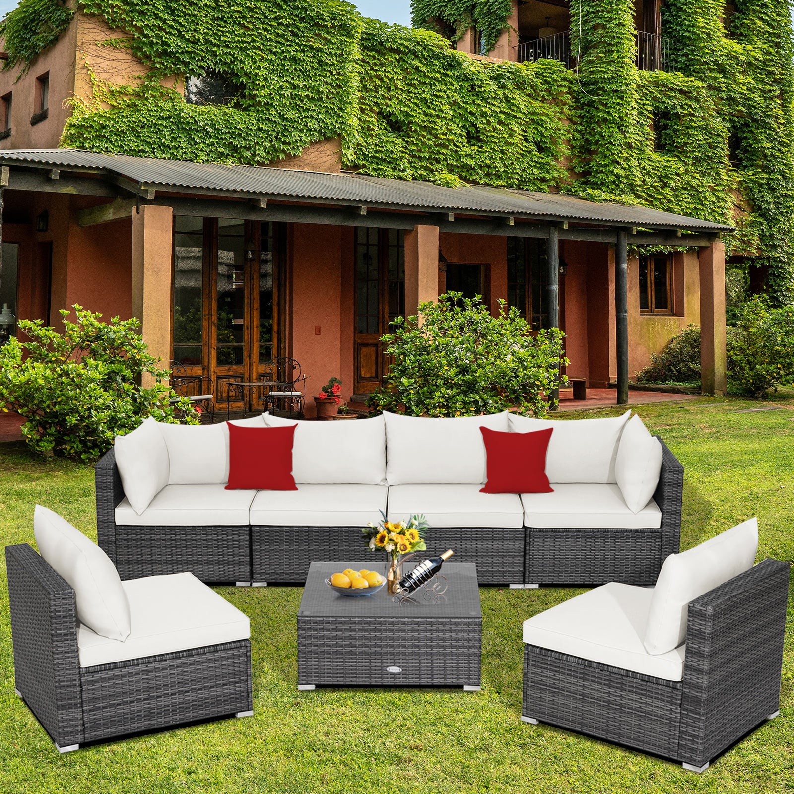 7 Pieces Patio Rattan Furniture Set Sectional Sofa Garden Cushion