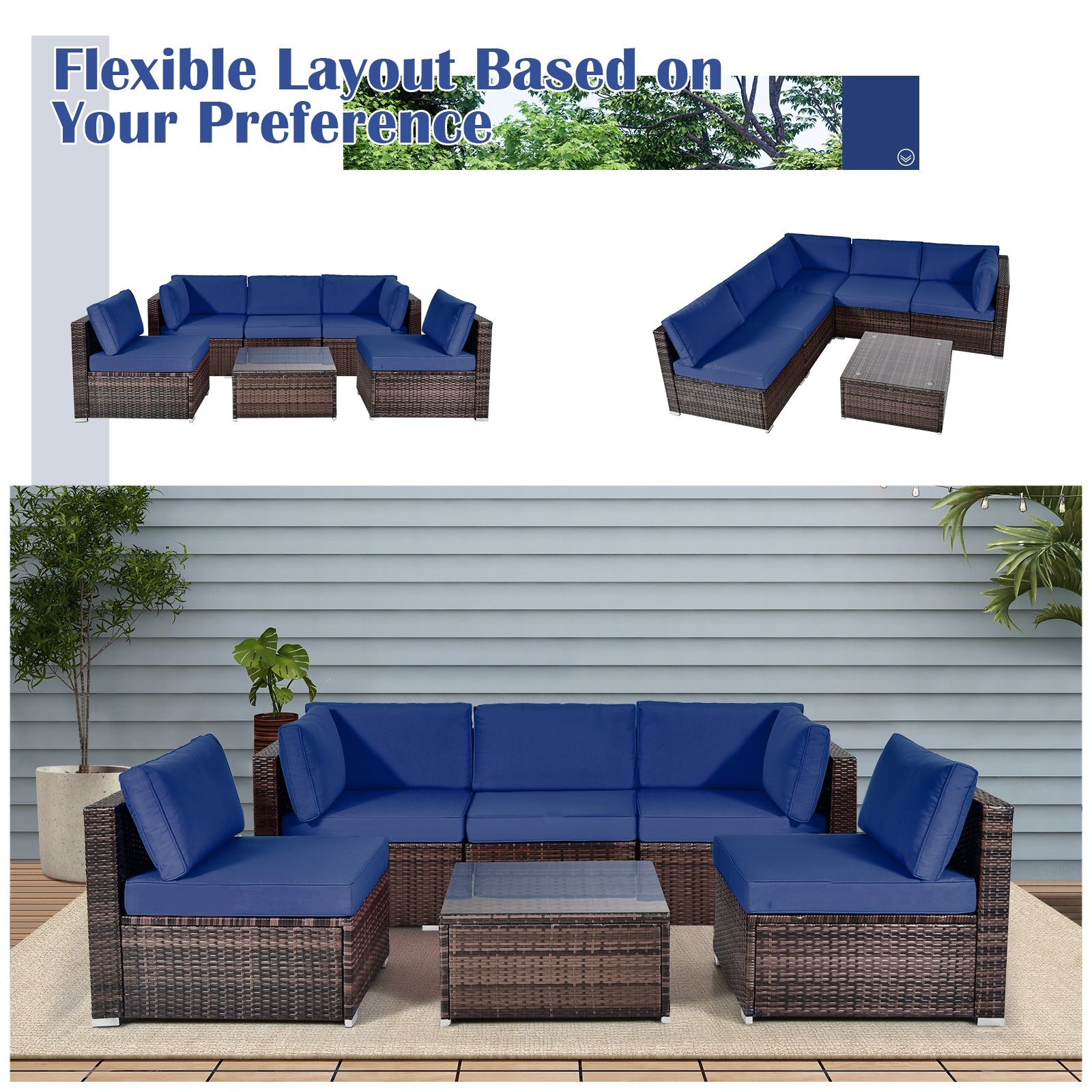 6 Pieces Patio Rattan Furniture Set with Cushions and Glass Coffee Table