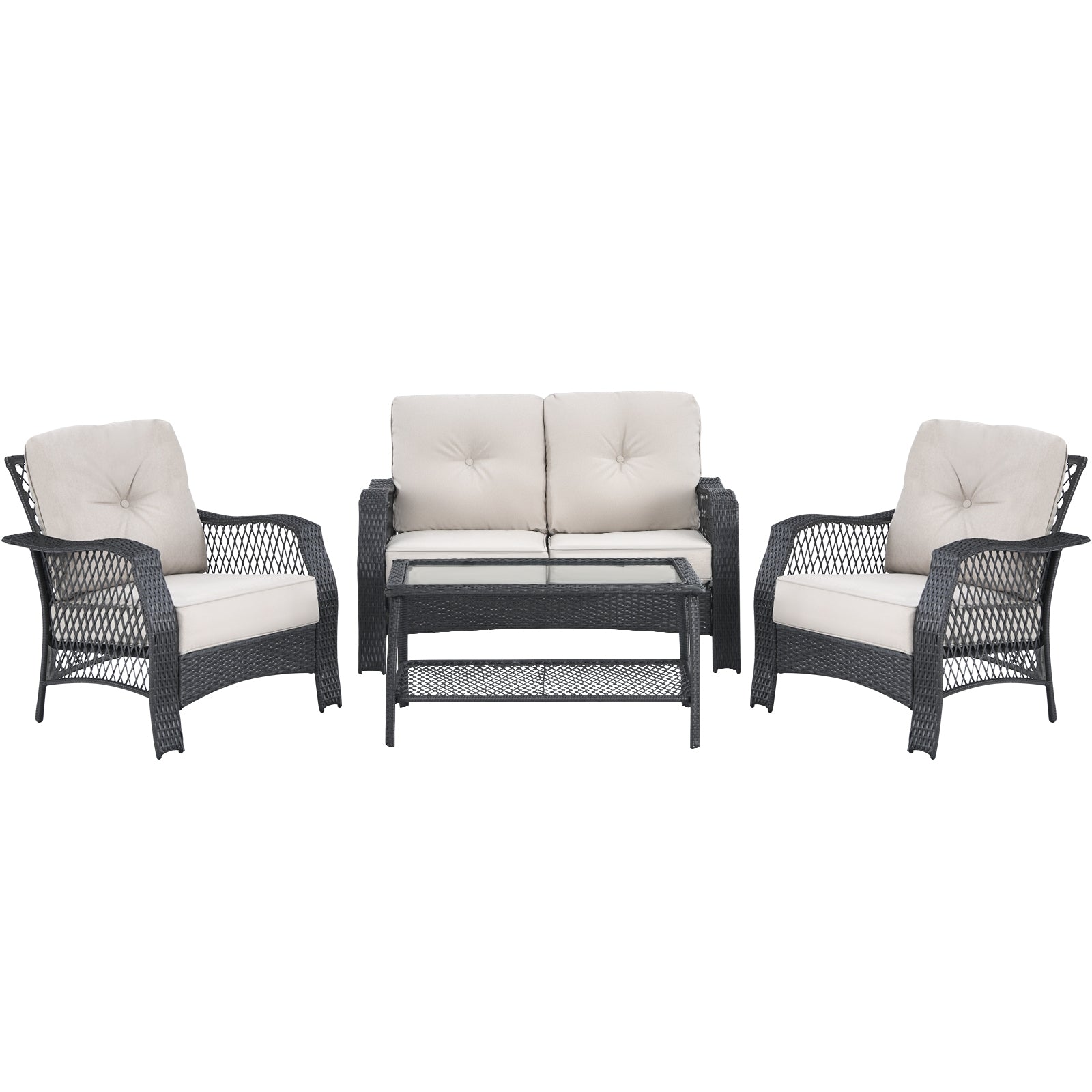 4 Pieces Patio Wicker Furniture Set Loveseat Sofa Coffee Table with Cushion