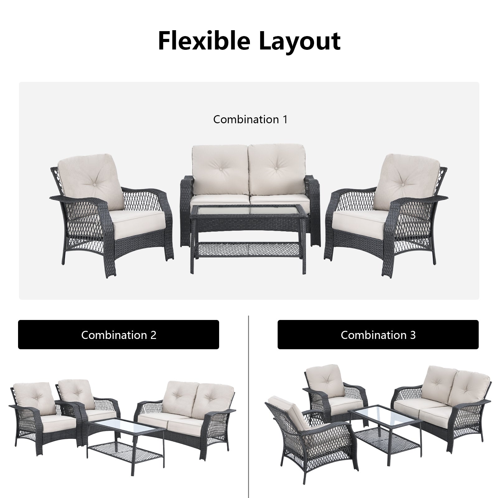 4 Pieces Patio Wicker Furniture Set Loveseat Sofa Coffee Table with Cushion