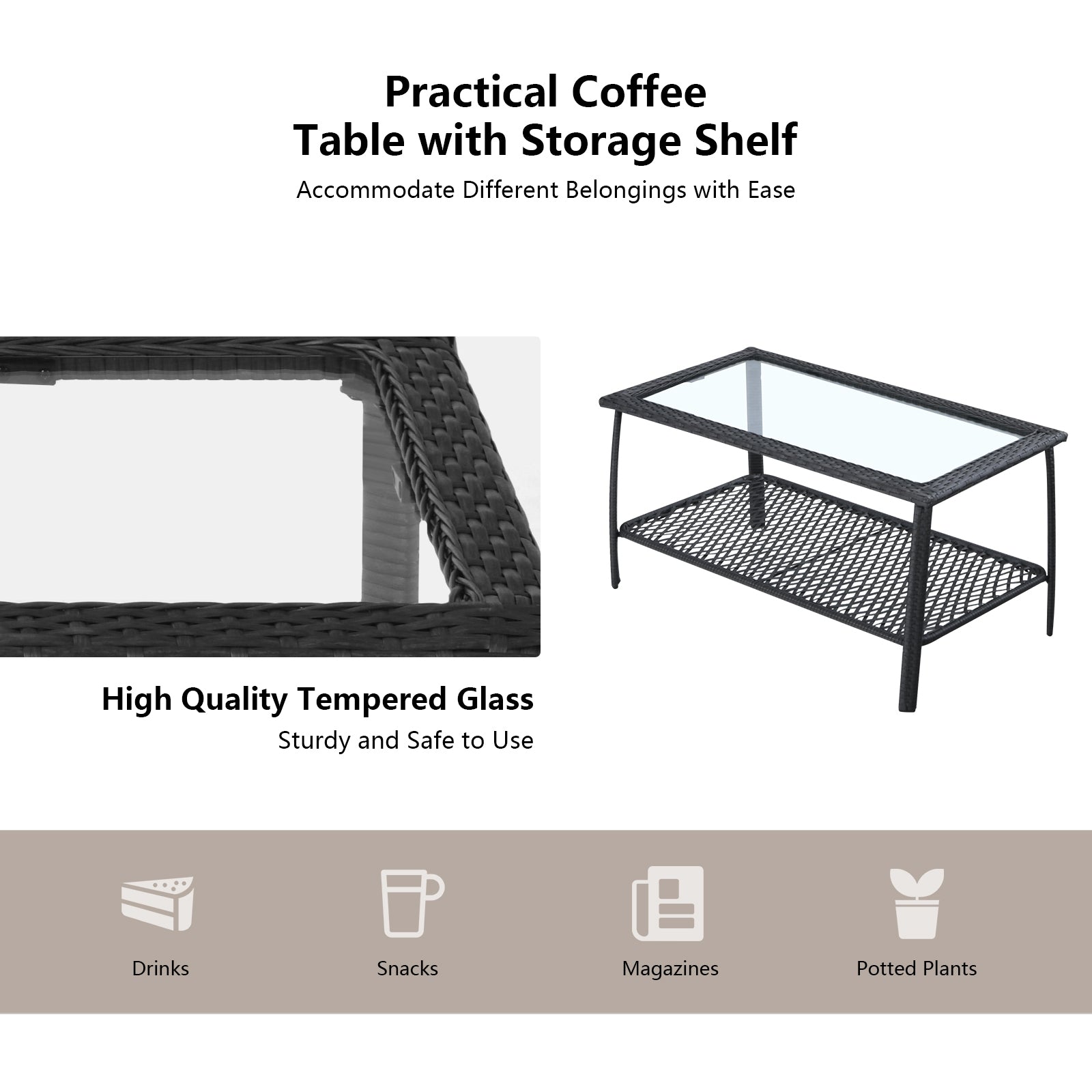 4 Pieces Patio Wicker Furniture Set Loveseat Sofa Coffee Table with Cushion