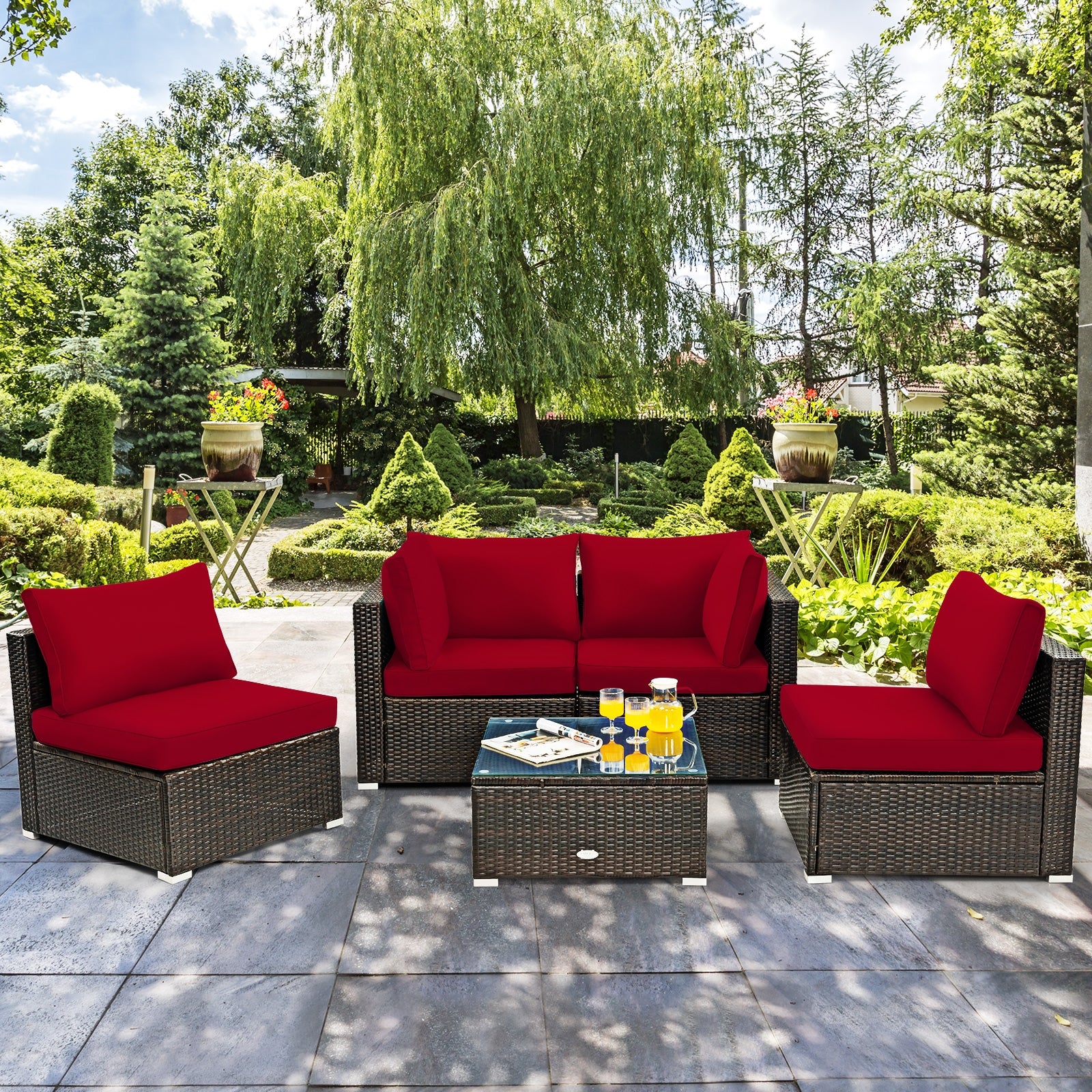 5 Pieces Cushioned Patio Rattan Furniture Set with Glass Table
