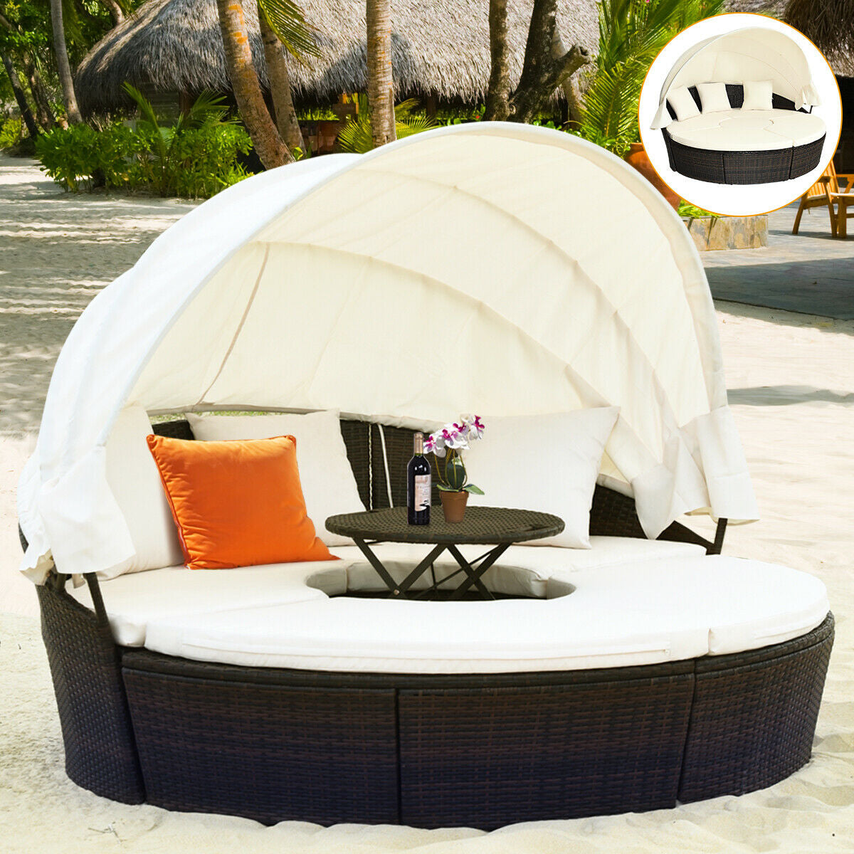 Patio Round Rattan Daybed with Retractable Coffee Table and Canopy