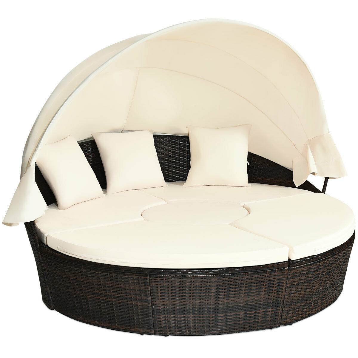 Patio Round Rattan Daybed with Retractable Coffee Table and Canopy