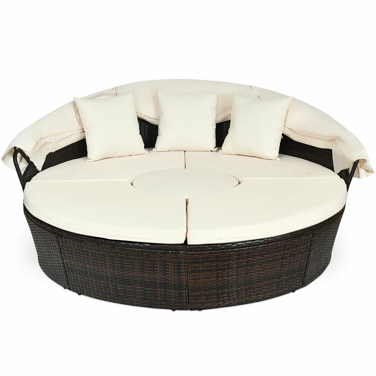 Patio Round Rattan Daybed with Retractable Coffee Table and Canopy