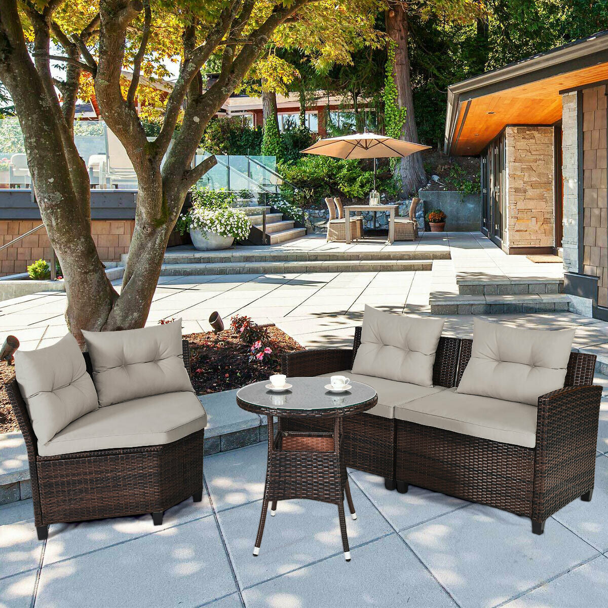 4 Pcs Outdoor Cushioned Rattan Furniture Set