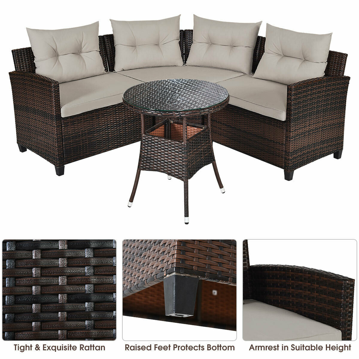 4 Pcs Outdoor Cushioned Rattan Furniture Set