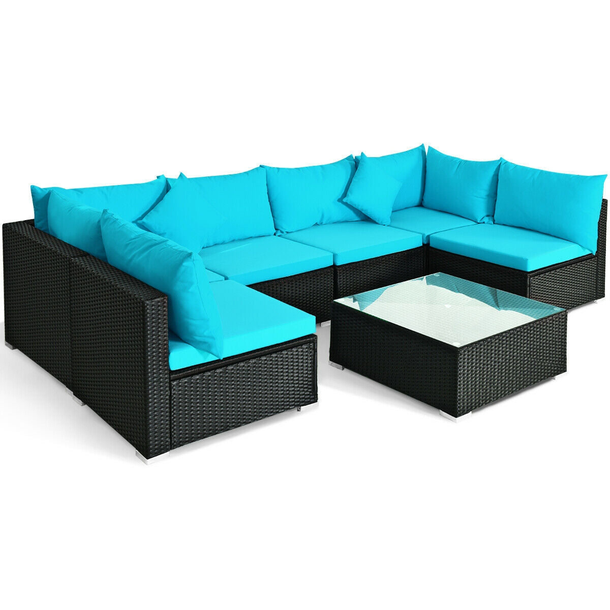 7-Piece Outdoor Sectional Wicker Patio Sofa Set with Tempered Glass Top