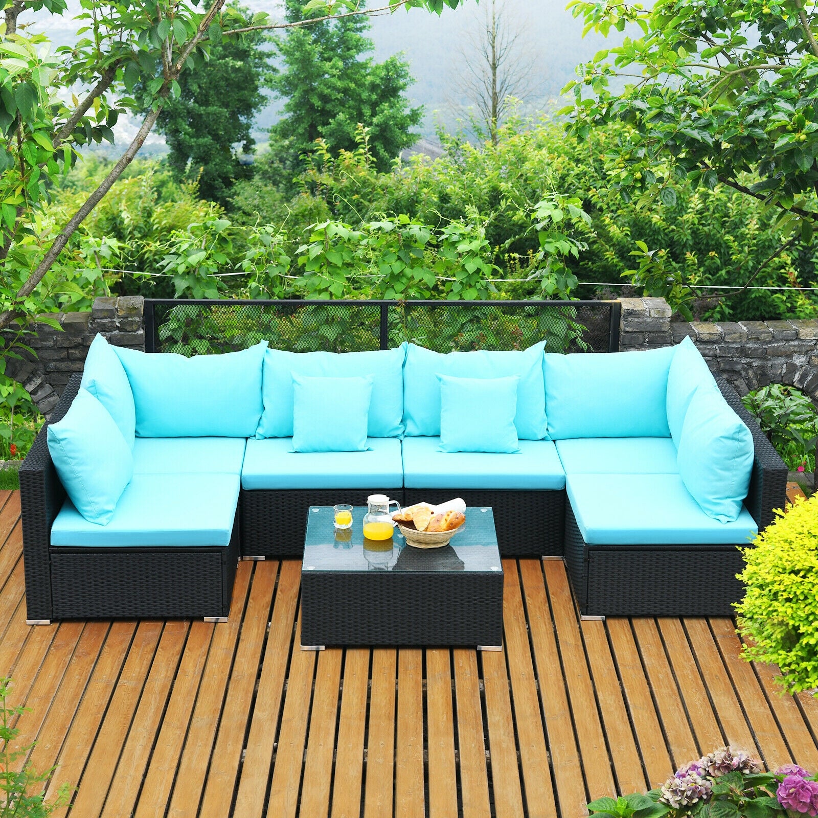 7-Piece Outdoor Sectional Wicker Patio Sofa Set with Tempered Glass Top