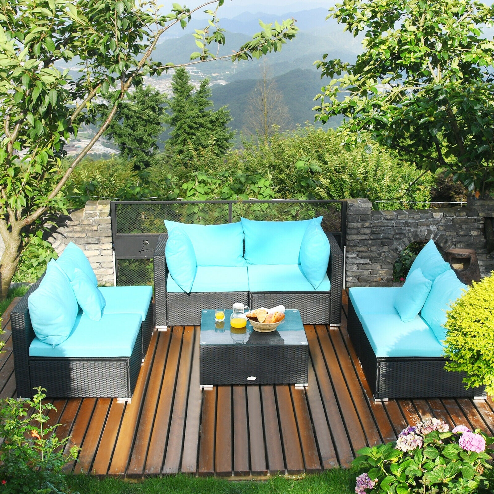7-Piece Outdoor Sectional Wicker Patio Sofa Set with Tempered Glass Top